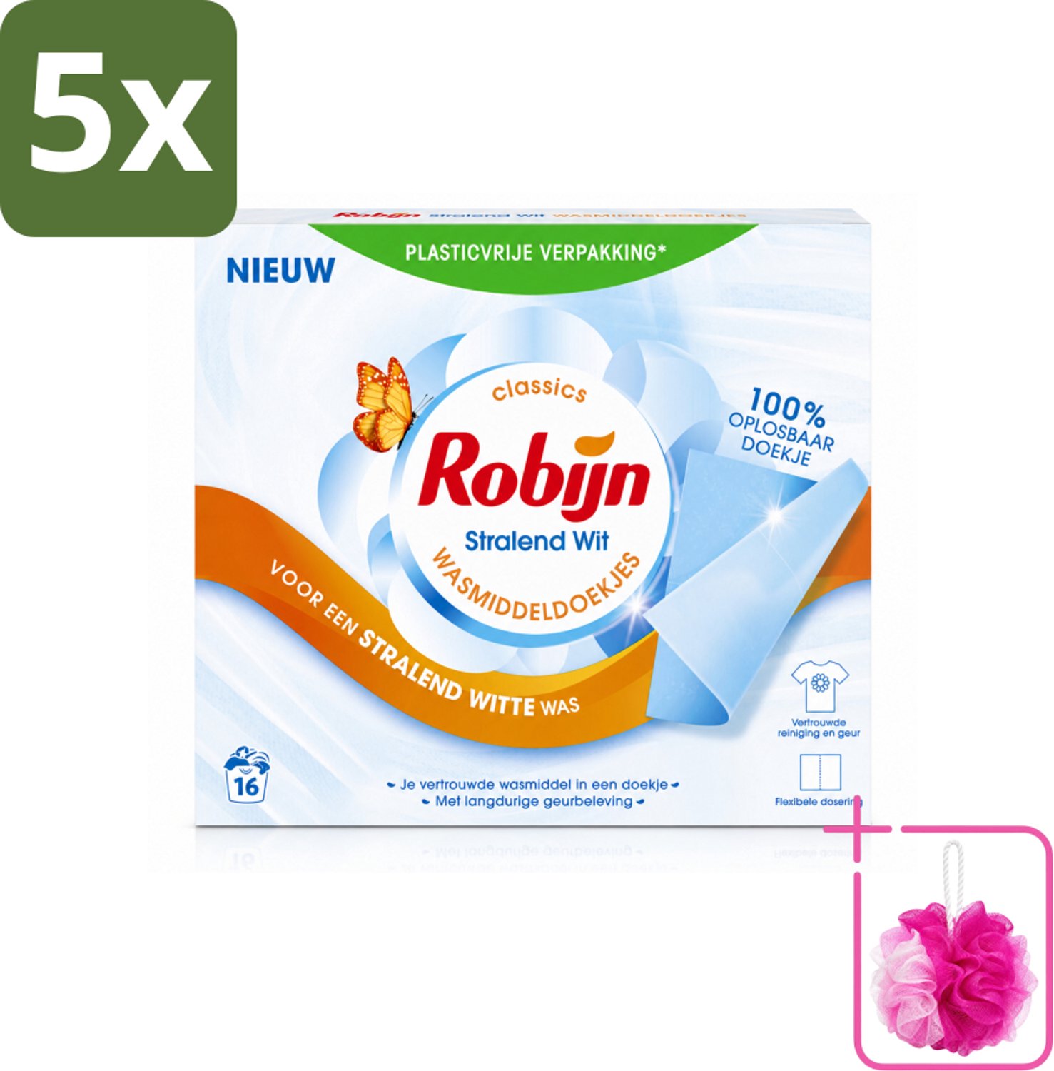 5 x Robijn Classics - Stralend Wit - Wasmiddeldoekjes - 16 Wasstrips - Bulkverpakking - Wasmiddeldoekjes - Douchemop - Stralend Wit