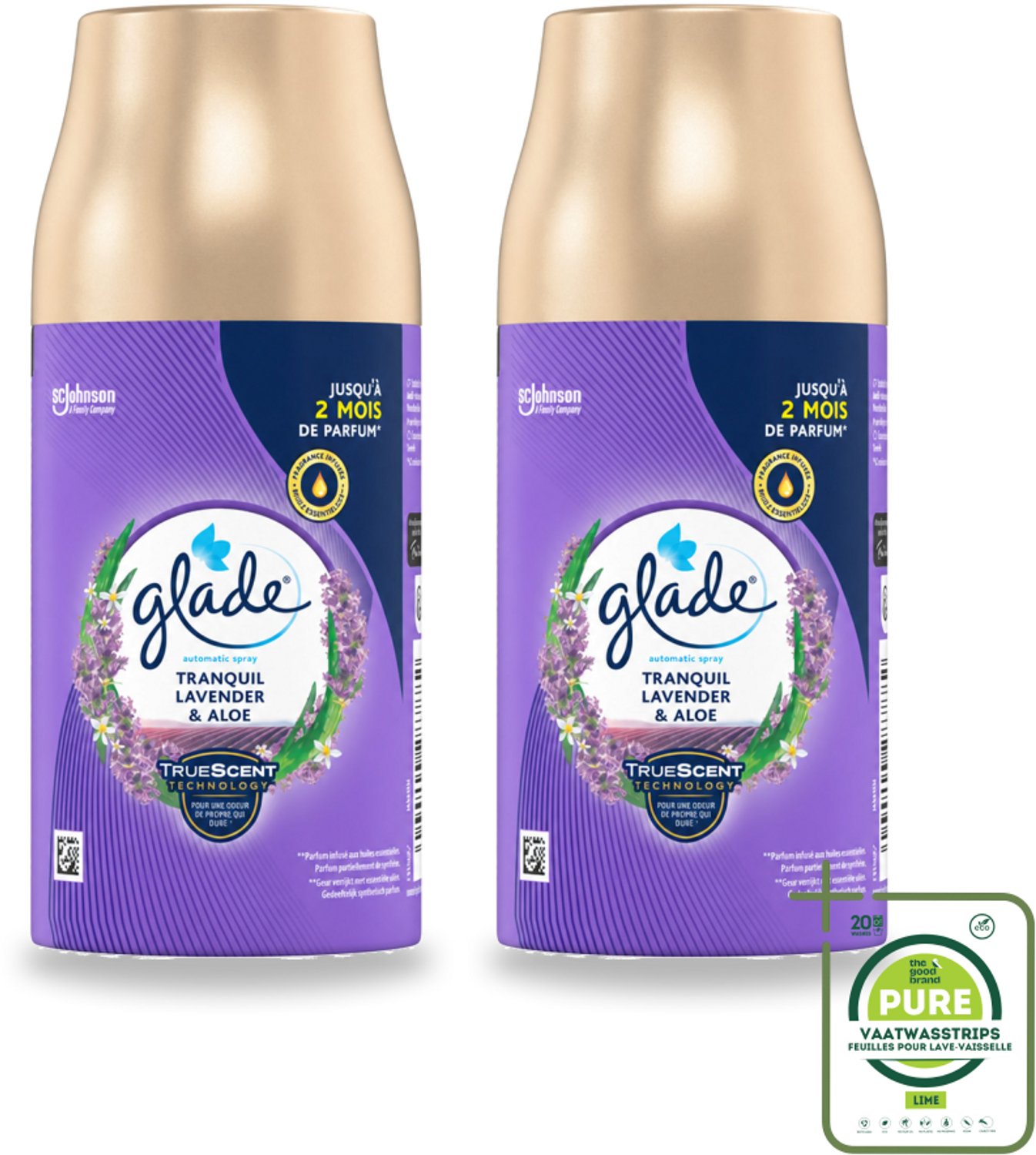 2 x Glade - Automatische Spray - Tranquil Lavender & Aloë - 269 g - Grootverpakking - Vaatwasstrips - Lavendel - Aloe Vera - Viooltjesblad - Ontspanning - Geur