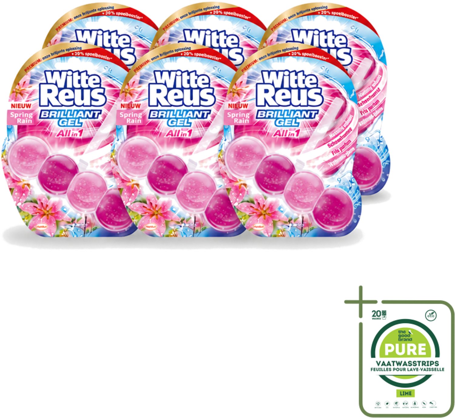 6 x Witte Reus - Toiletblok Brilliant Gel - Spring Rain - 1 Toiletblok - Grootverpakking - Vaatwasstrips - Toiletgel - Reinigingsgel - Frisheid - Schoonmaak - Toiletpot