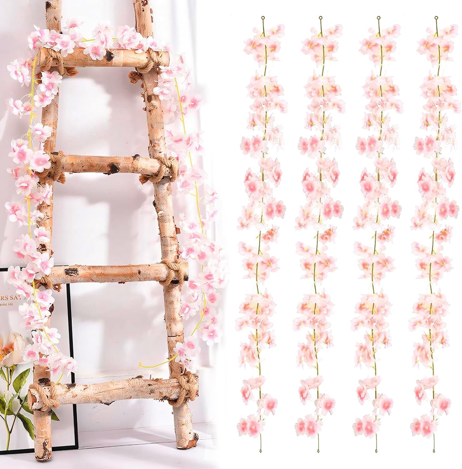 Set van 4 kunstkersenbloesems, slinger, bloemenrank, 180 cm lang, realistische Sakura-bloemen, pvc, lentebloemenslinger voor woonkamer, tafeldecoratie, bruiloft, tuinfeest