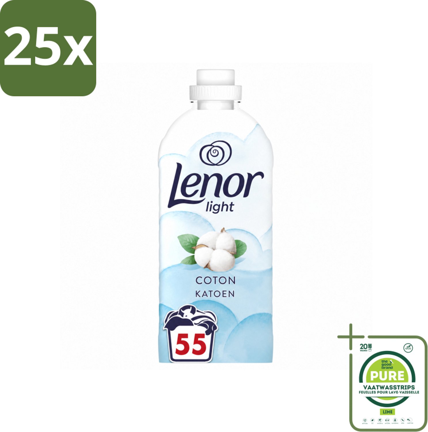 25 x Lenor Light - Wasverzachter - Katoen - Fris & Zacht - 55 Wasbeurten - Grootverpakking - Vaatwasstrips - Wasverzachter Katoen - Wasverzachter Fris - Wasverzachter Katoen Bloesem - Wasverzachter Milde Frisheid - Wasverzachter Zachte Was