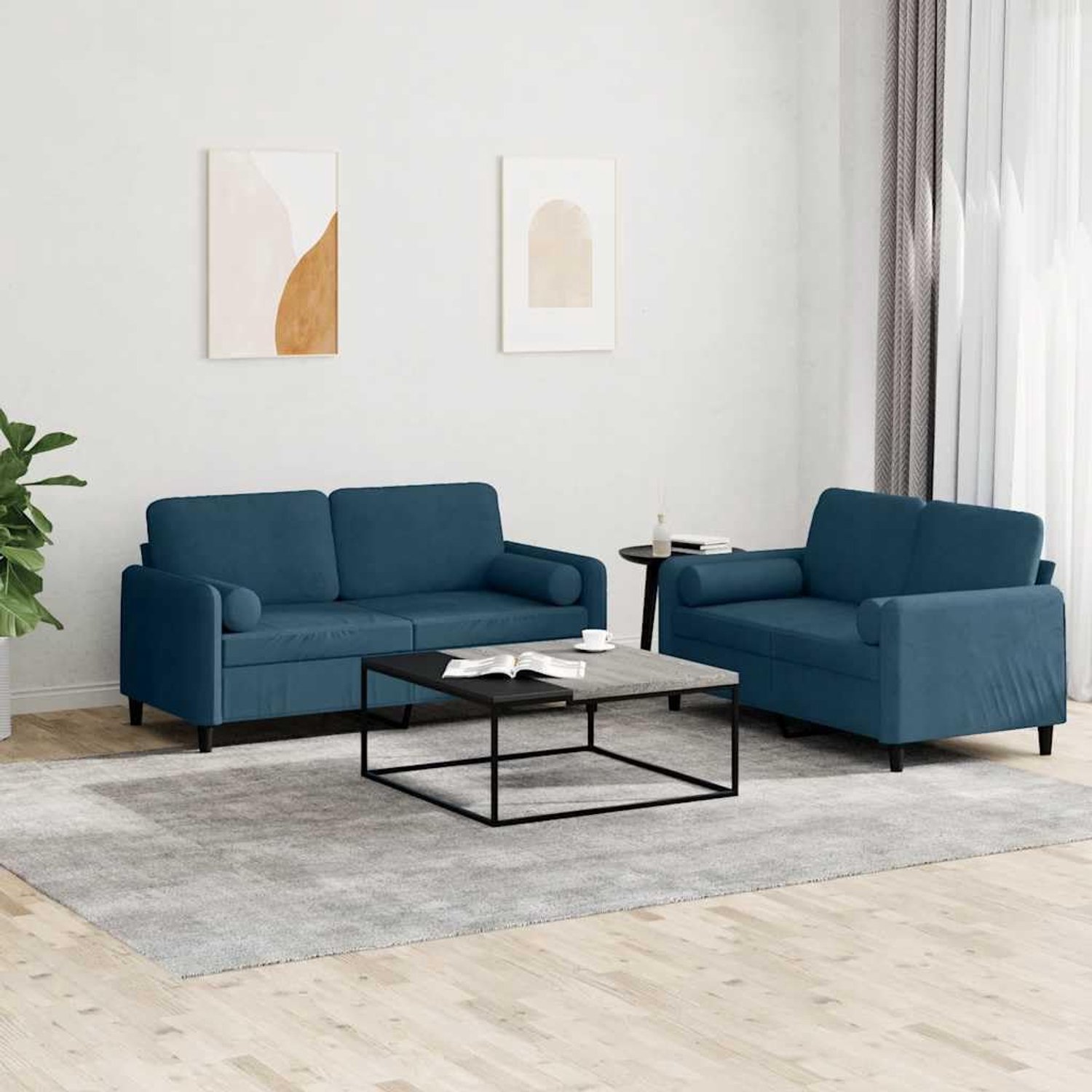 2-delige bankset met kussen, blauw fluweel, zachte velours sofa set met bekleding, robuuste constructie van multiplex en metaal voor duurzaamheid en stabiliteit, comfortabel