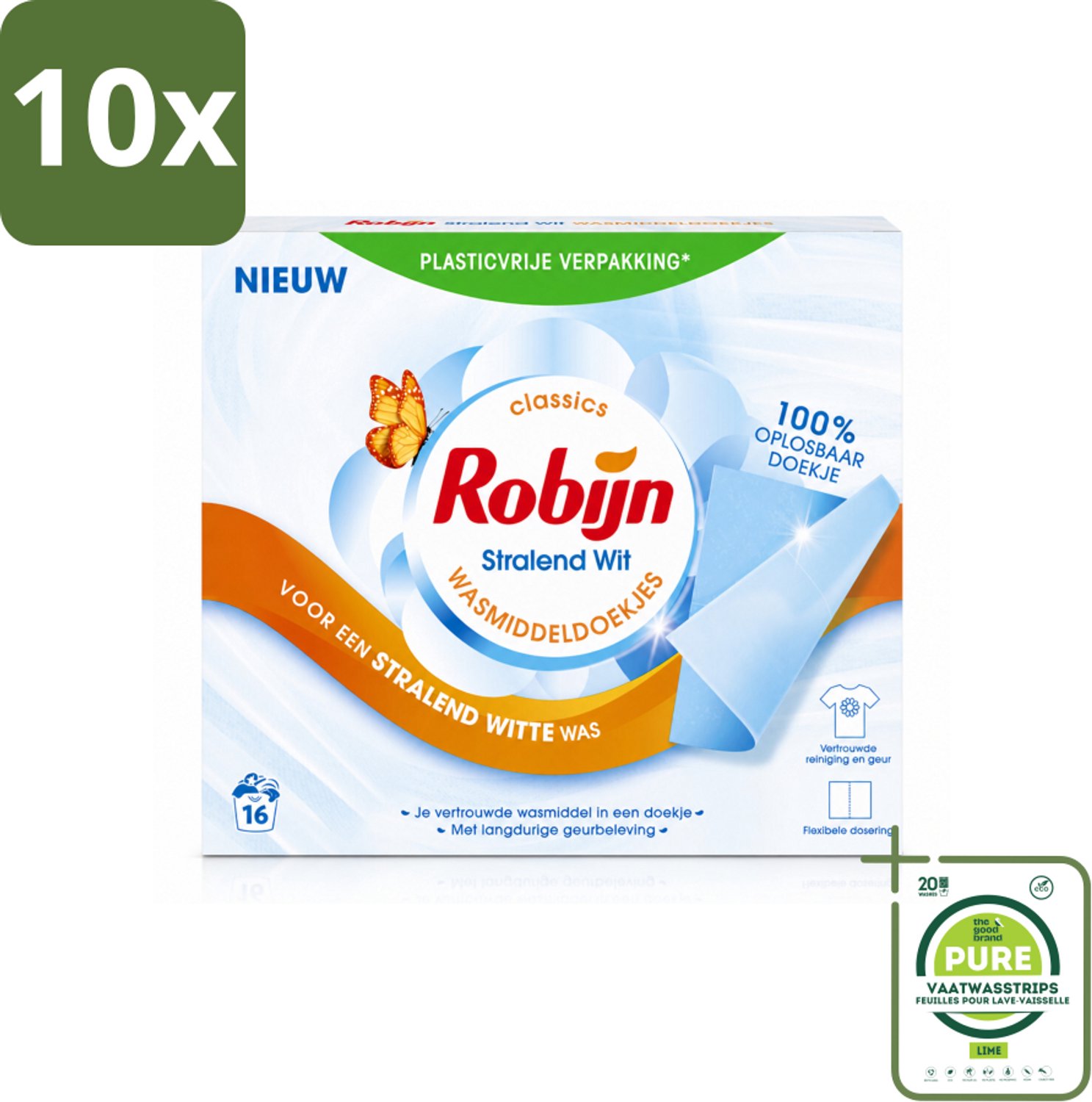 10 x Robijn Classics - Stralend Wit - Wasmiddeldoekjes - 16 Wasstrips - Grootverpakking - Vaatwasstrips - Wasmiddeldoekjes - Stralend Wit - Wasdoekjes - Robijn - Wasverzachter