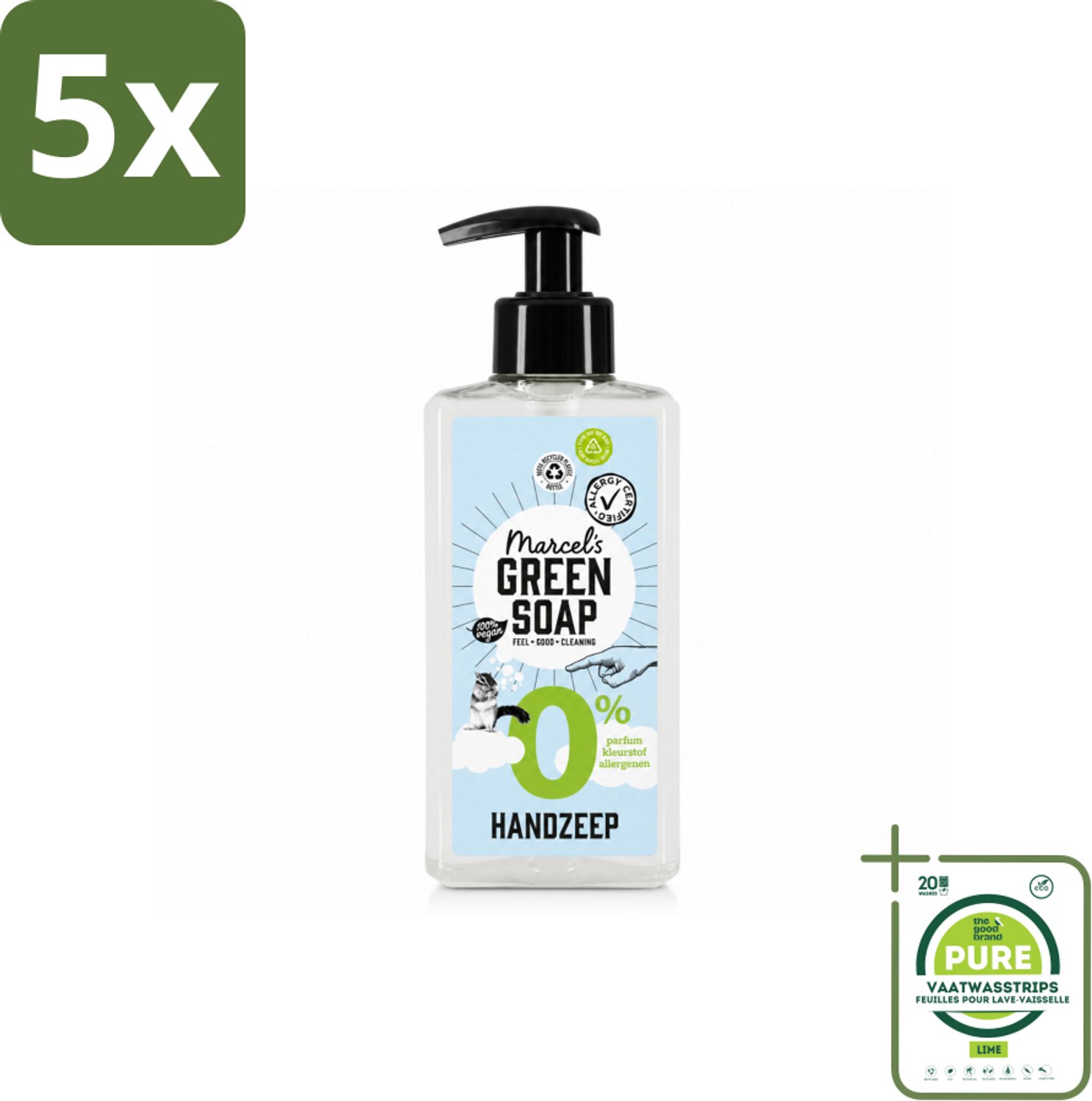 5 x Marcel's Green Soap - Handzeep 0% - Zachte verzorging - 250 ml - Grootverpakking - Vaatwasstrips - Handzeep 0% - Gevoelige Huid - Milde Handzeep - Plantaardige Glycerine - Allergiegecertificeerd