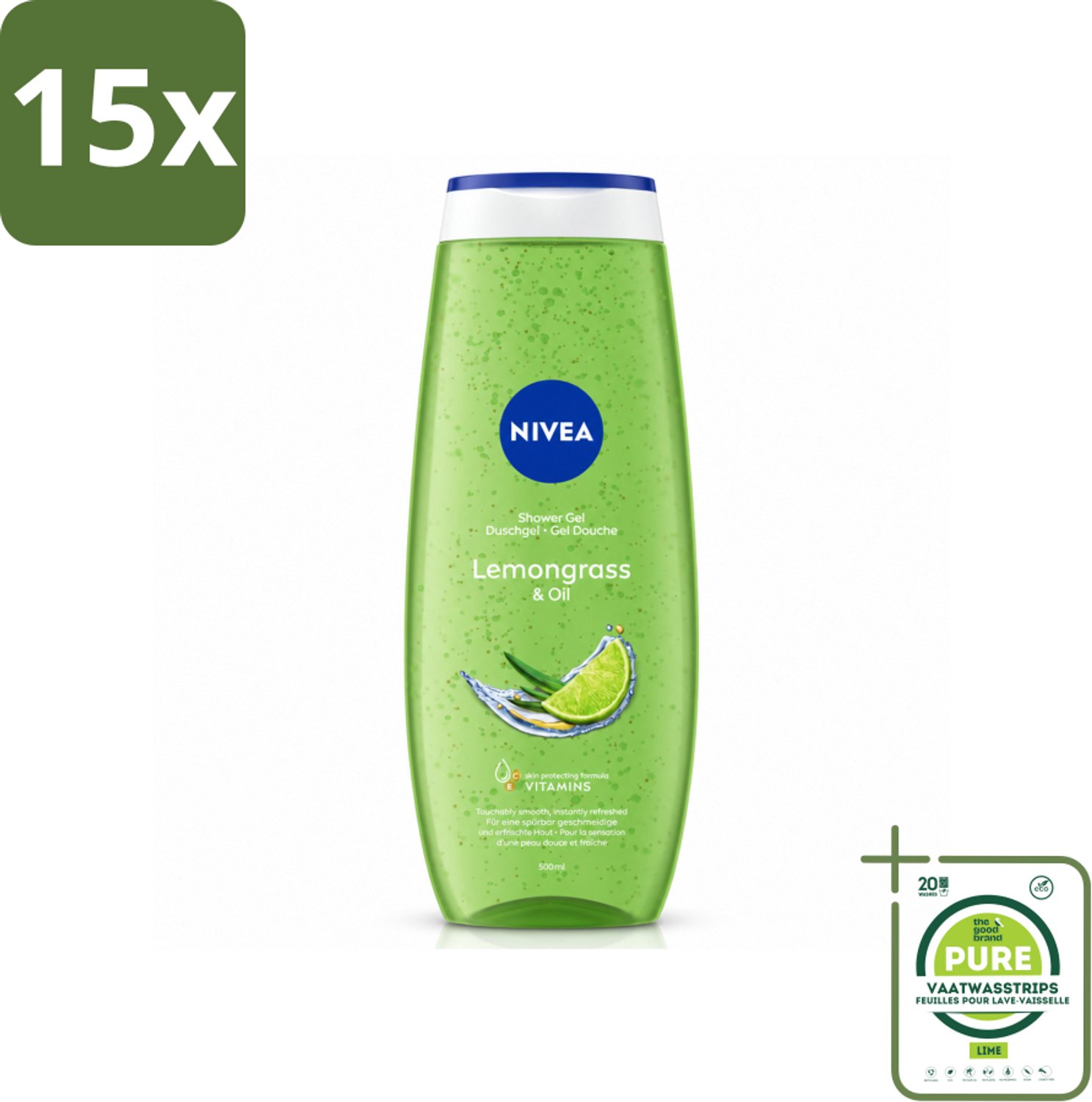 15 x NIVEA - Douchegel - Citroengras & Olieverzorging - Glad & Verfrissend Huidgevoel - 500 ml - Grootverpakking - Vaatwasstrips - Douchegel - Natuurlijke Oliën - Citroengras - Huid Verzorging - Frisse Geur