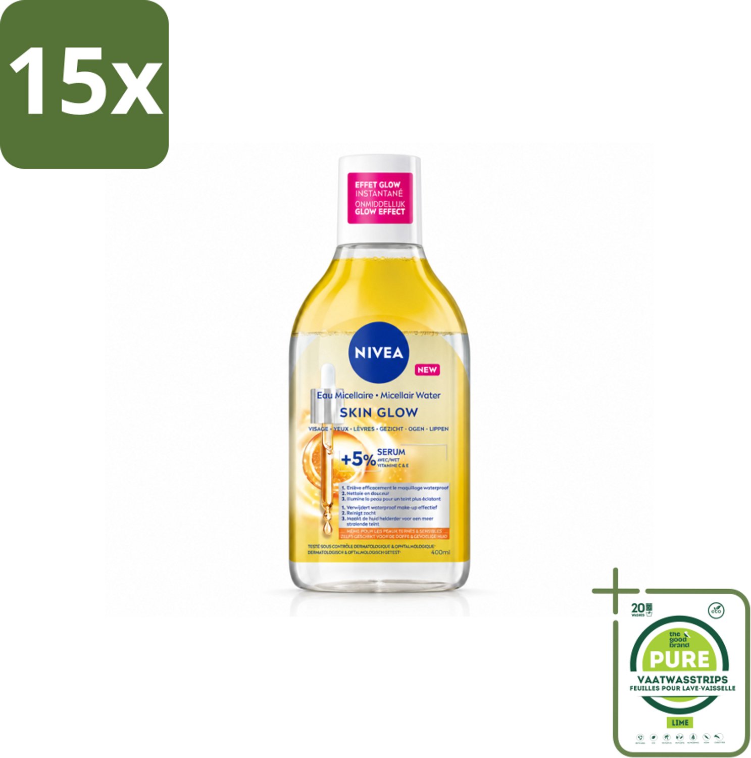15 x NIVEA - Micellair Water - Serum Verrijkt Stralend - Verwijdert Waterbestendige Make-up - 400 ml - Grootverpakking - Vaatwasstrips - Micellair Water - Reinigen - Stralende Huid - Gevoelige Huid - Hydratatie