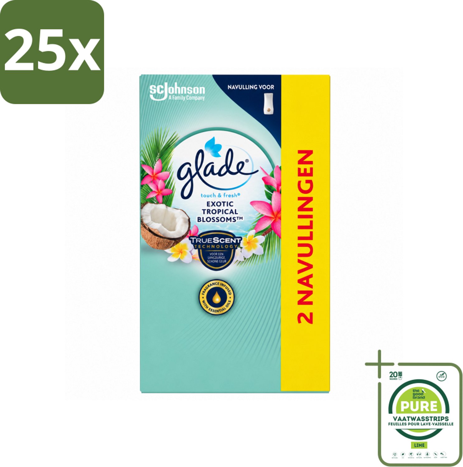 25 x Glade - Touch & Fresh - Exotic Tropical Blossoms - 2x 10 ml - Grootverpakking - Vaatwasstrips - Geur - Frisheid - Monoi Olie - Tropische Bloemen - Kokosmelk