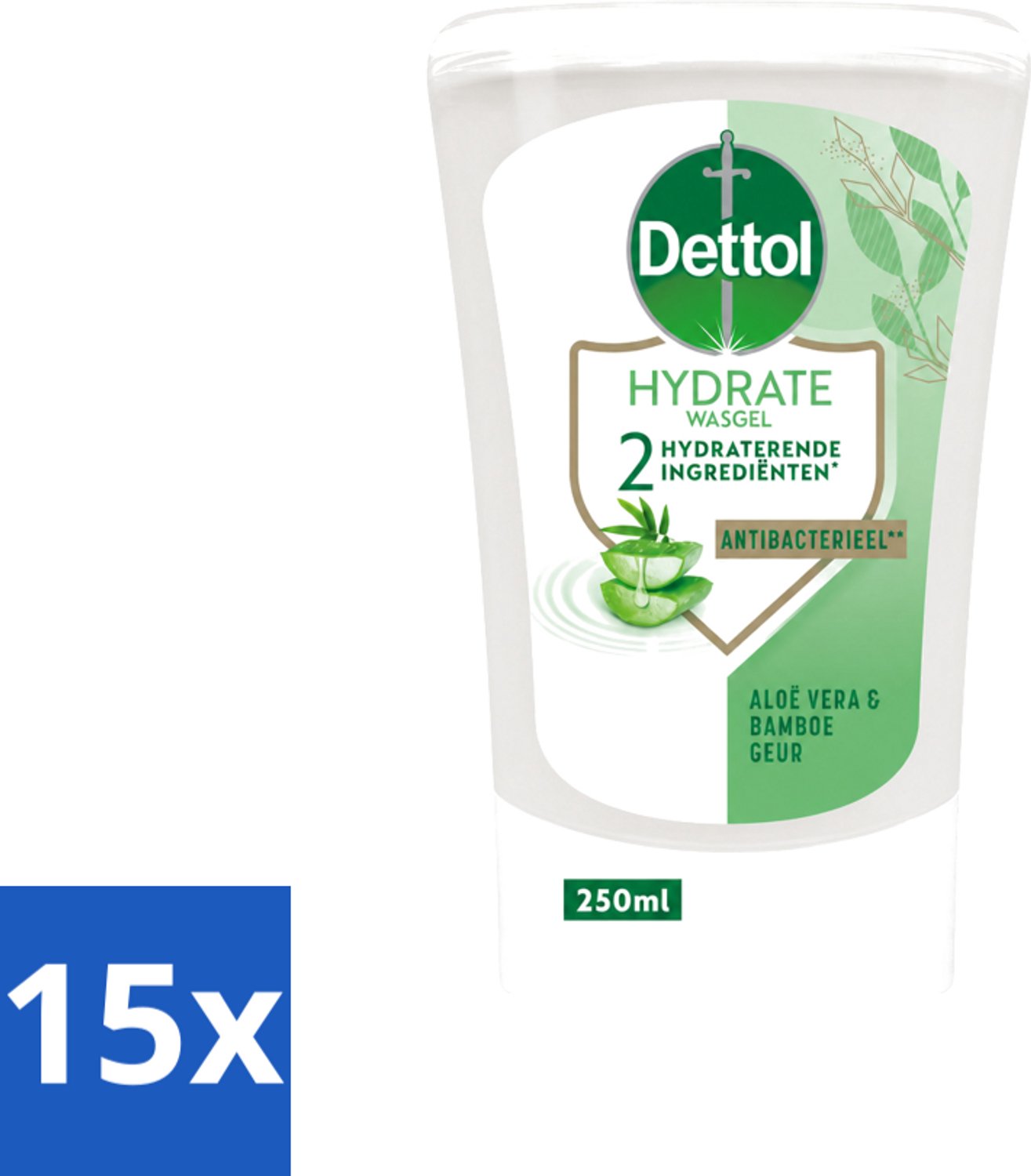 15 x Dettol - Wasgel Navulling - Hydrate - Aloë Vera & Bamboe - 250 ml - Voordeelverpakking - 15 stuks