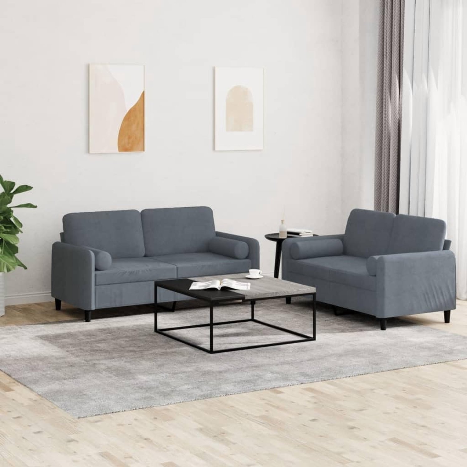 2-delige bankset met kussen in donkergrijs fluweel, comfortabel gestoffeerde meubels met robuust frame, zachte velours stof voor ontspanning