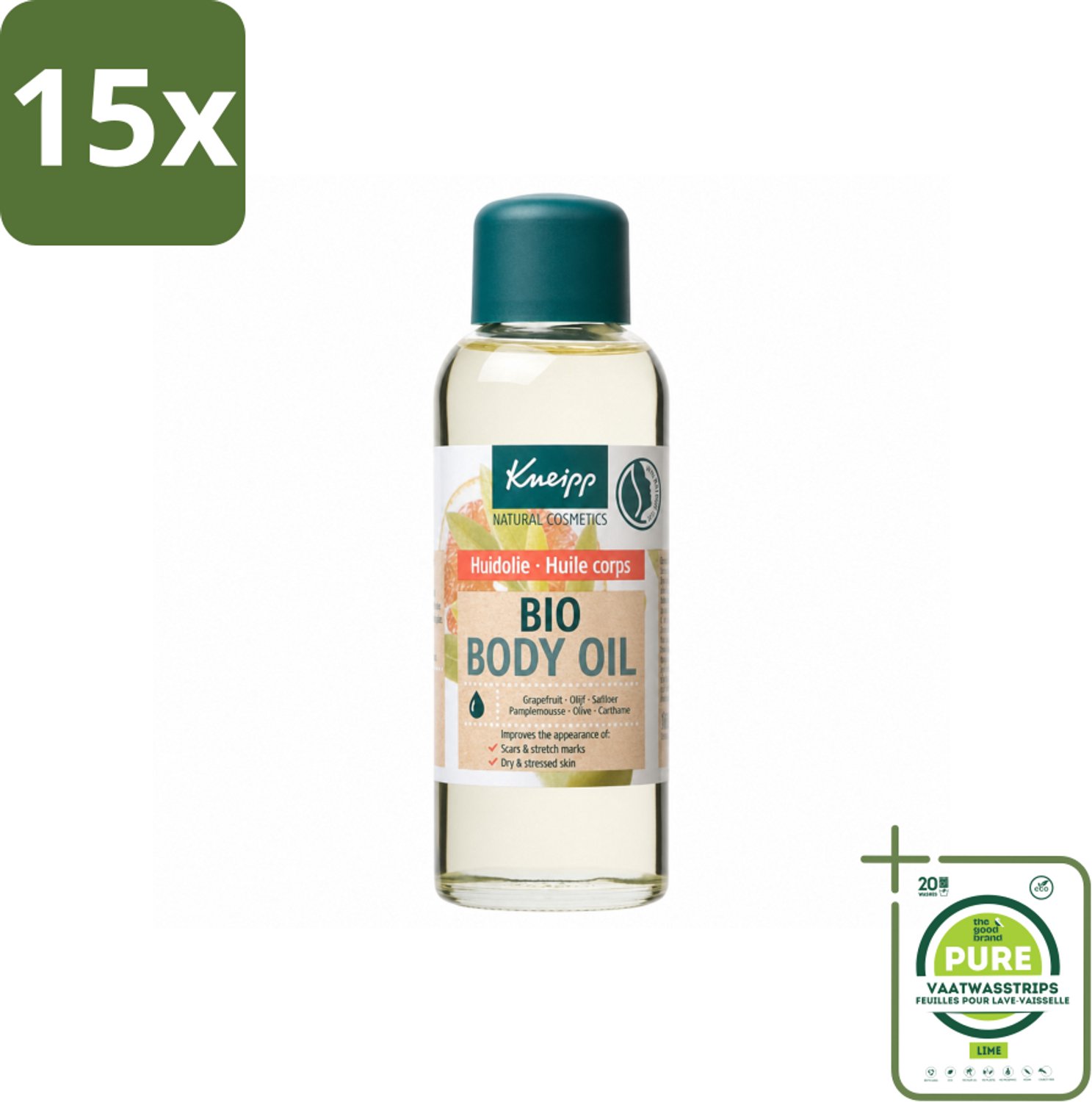 15 x Kneipp - Huidolie - Bio - Voor striae & littekens - 100 ml - Grootverpakking - Vaatwasstrips - Huidverzorging - Striae - Littekens - Droge Huid - Huidherstel