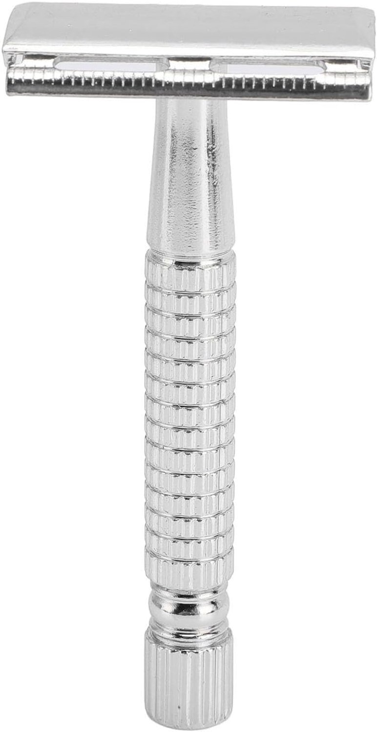 Scheerapparaat met Lange Handgreep, Metalen Vintage Veiligheidsscheermes met Navulsnijstandaard en Reinigingsborstel, Ideaal voor Mannenverzorging Thuis of op Reis (SILVER)