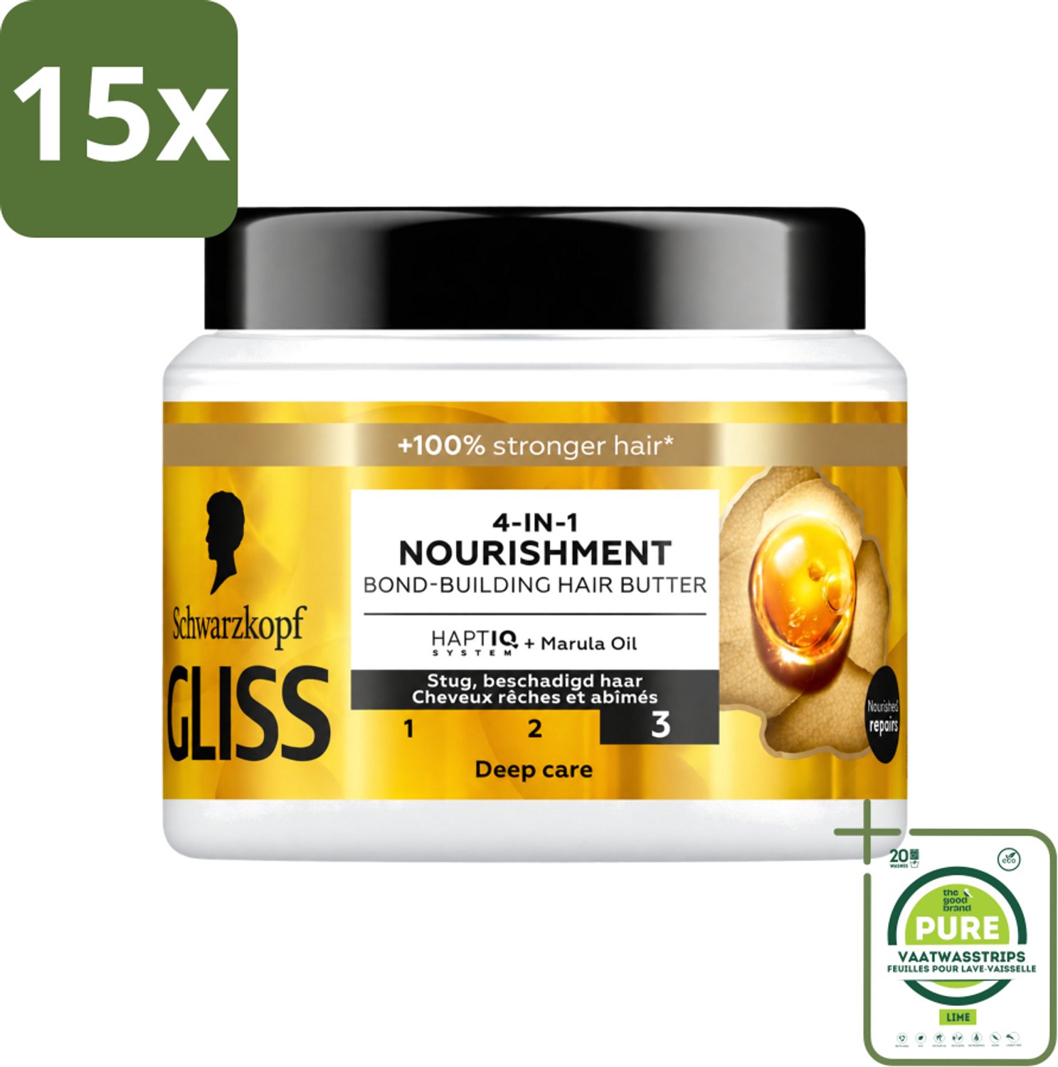 15 x Gliss - Haarmasker - 4in-1 Hair Butter - Voor Intensieve Herstelverzorging - 400 ml - Grootverpakking - Vaatwasstrips - Haarmasker - Haarherstel - Haarvoeding - Droog Haar - Beschadigd Haar
