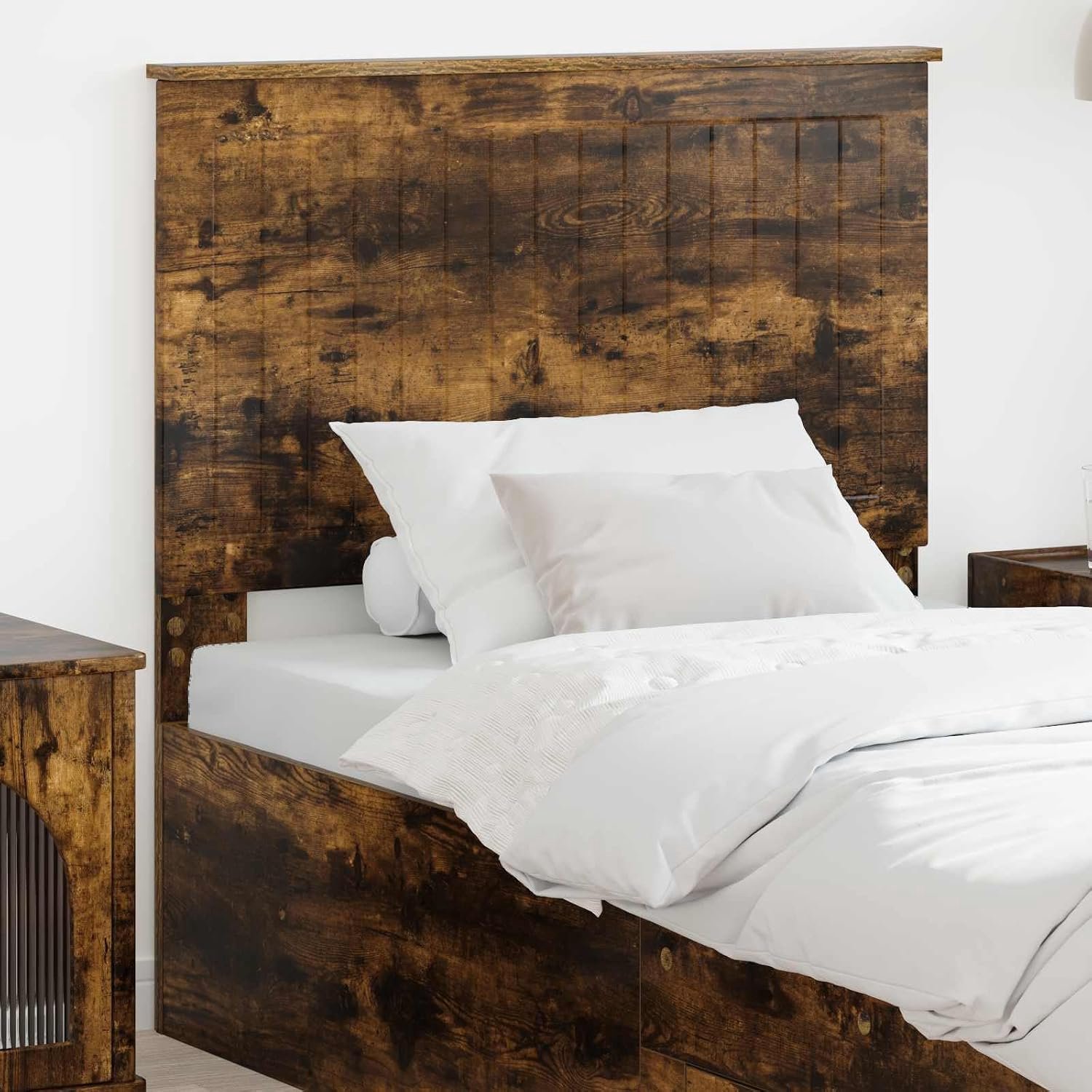 Hoofdeinde van hout in gerookt eiken, 90 cm breed, modern design met rugsteun voor de slaapkamer, eenvoudige montage en onderhoud