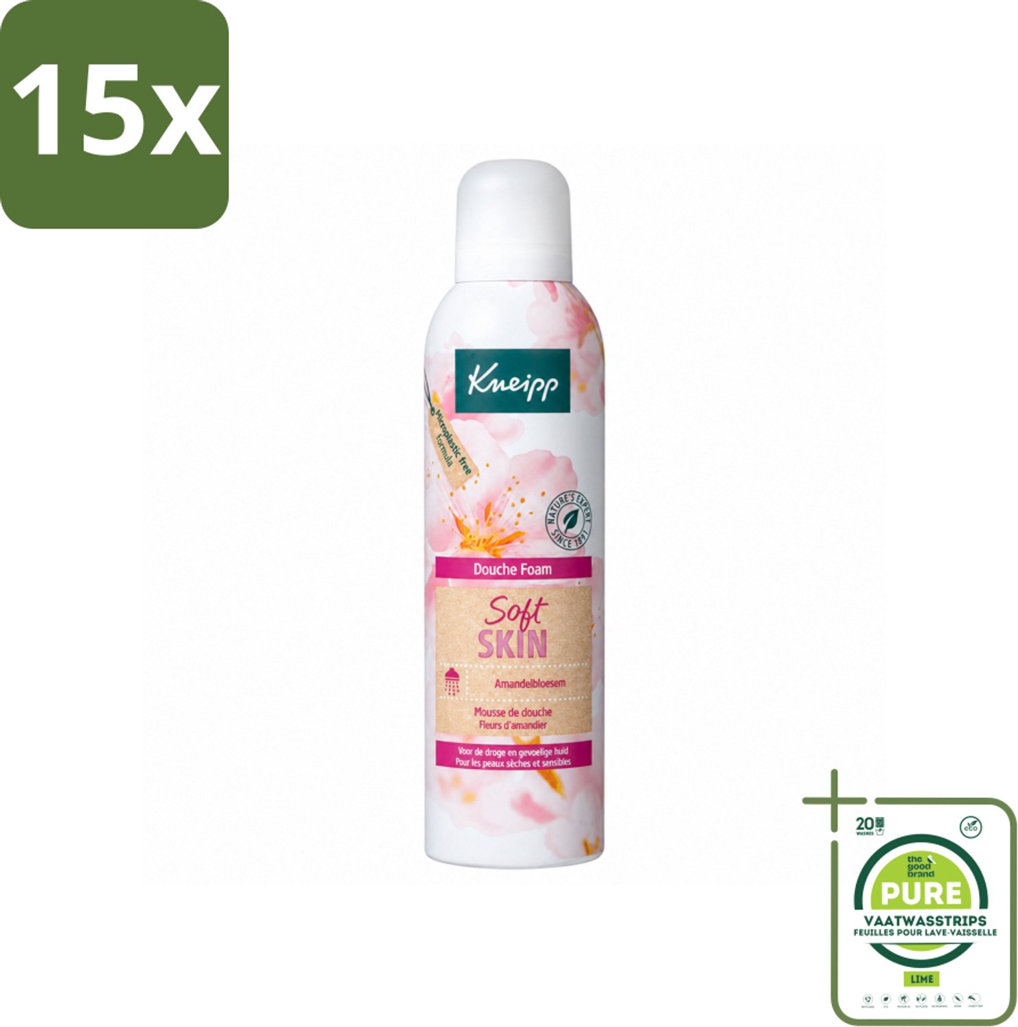 15 x Kneipp - Douche foam - Soft Skin - Voor droge en gevoelige huid - 200 ml - Grootverpakking - Vaatwasstrips - Douche Foam - Huidverzorging - Amandelbloesem - Droge Huid - Gevoelige Huid