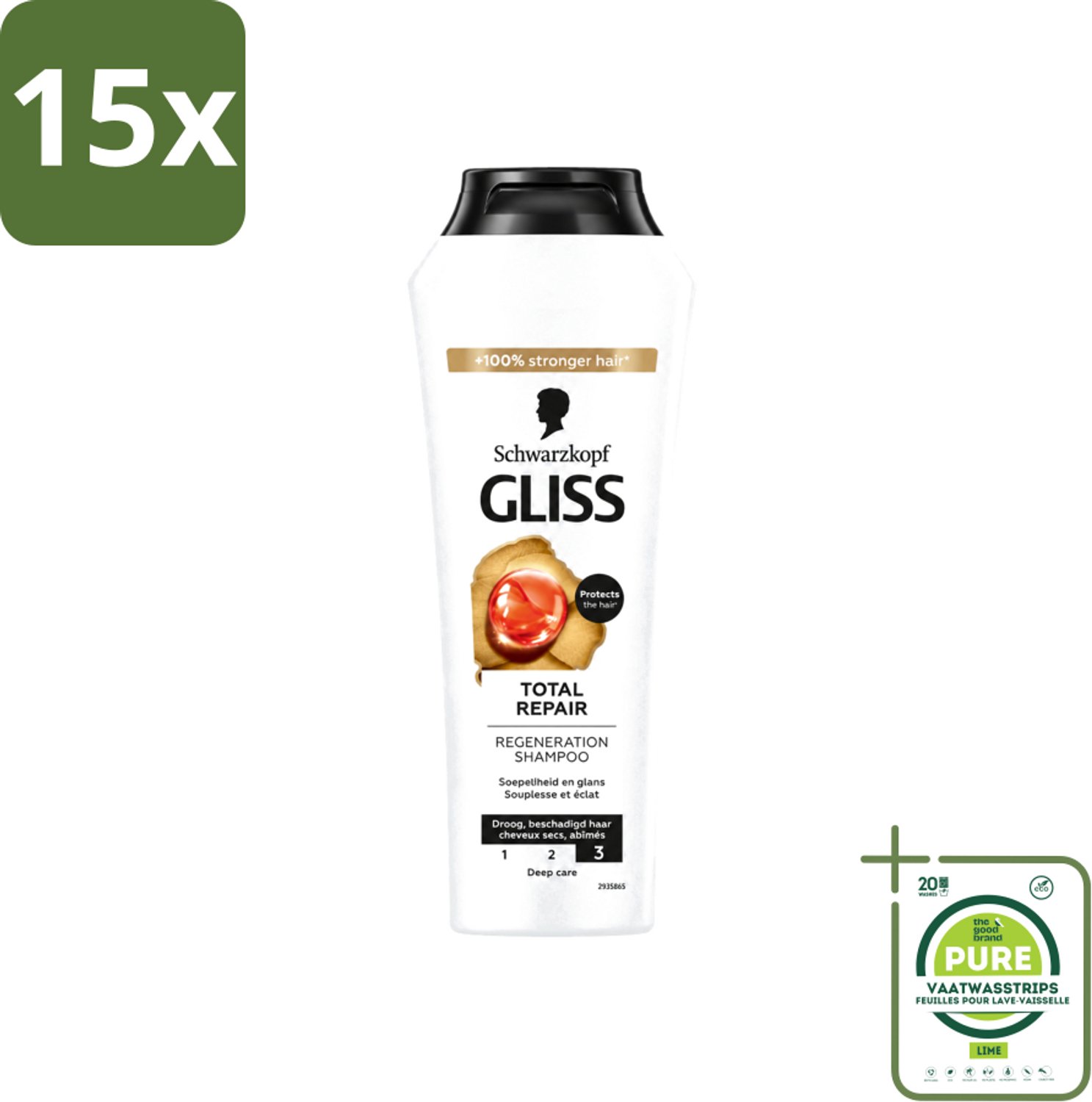 15 x Gliss - Shampoo - Total Repair - Voor Intensief Haarherstel - 250 ml - Grootverpakking - Vaatwasstrips - Haarkracht - Haarherstel - Keratine - Haarverzorging - Haarbreuk