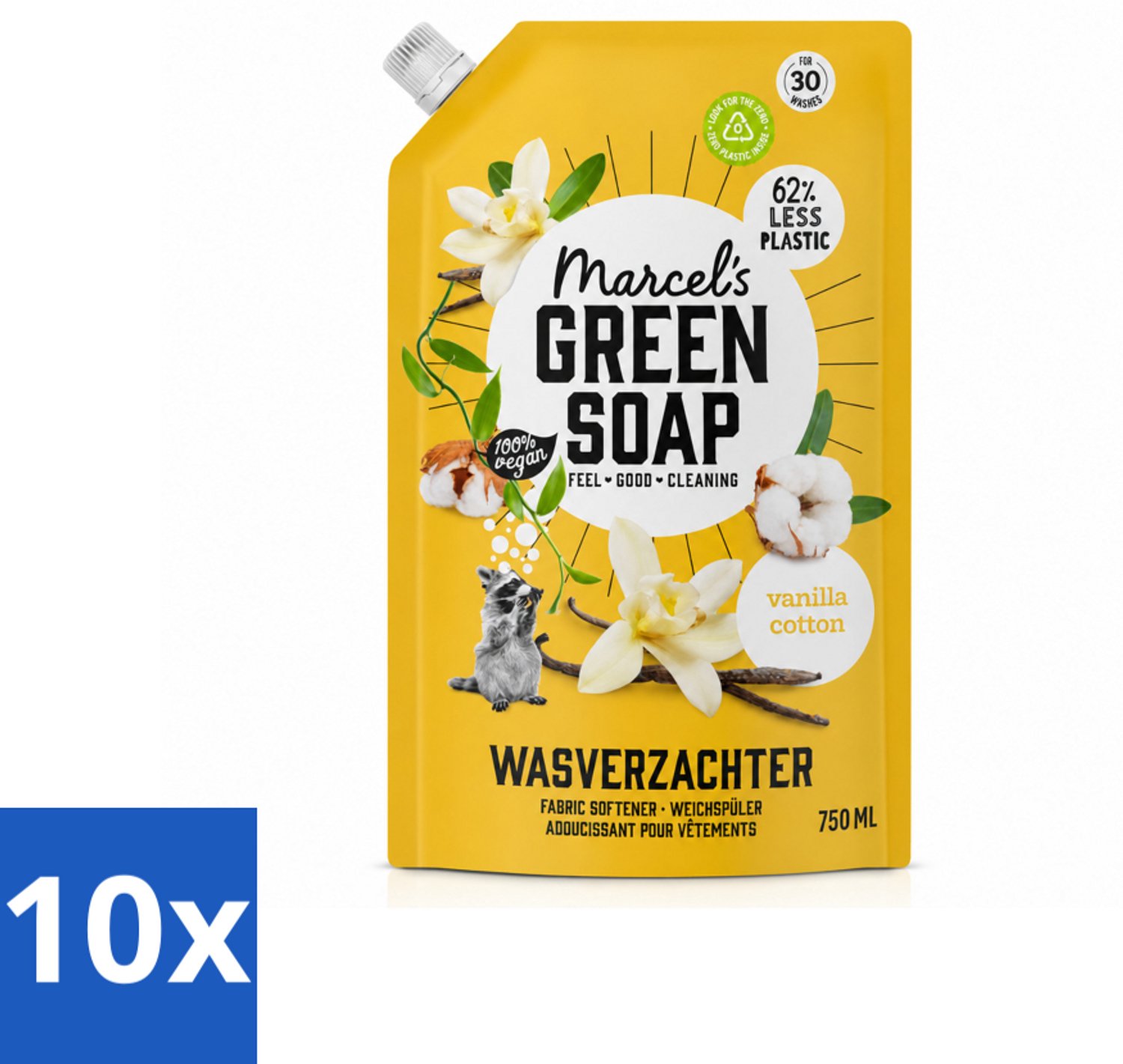 10 x Marcel's Green Soap - Wasverzachter - Navulling - Katoen & Vanille - Zachte frisheid- 30 Wasbeurten - 750 ml - Voordeelverpakking - 10 stuks