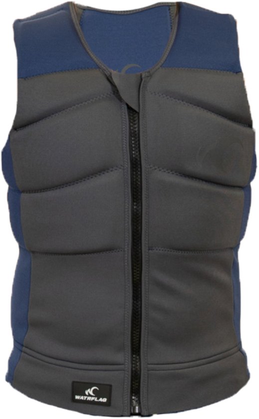 Grijs en blauw Watrflag impactvest met ritssluiting aan de voorzijde.