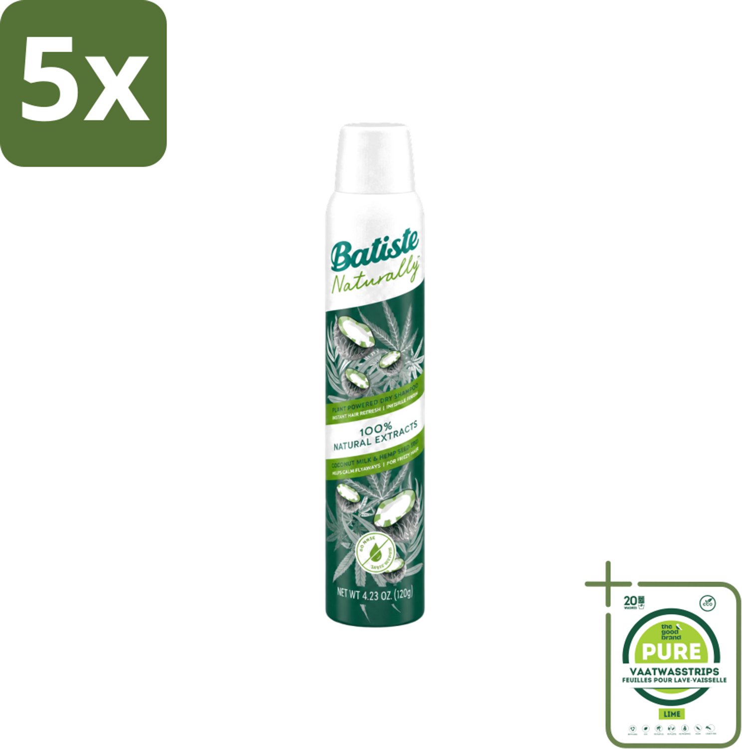 5 x Batiste - Naturally Coconut Milk & Hemp Seed Oil - Droogshampoo - Anti-Pluis en Verfrist - 100% Natuurlijk - 200ml - Grootverpakking - Vaatwasstrips - Natuurlijk Haarverzorging - Droogshampoo - Pluisvrij Haar - Kokosmelk - Hennepzaadolie