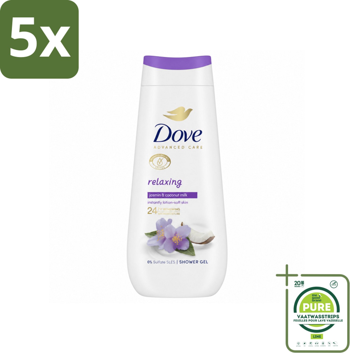 5 x Dove Douchecrème - Relaxing - Kokos & Jasmijn - 225 ml - Grootverpakking - Vaatwasstrips - Douchegel - Ontspannen Douche - Huid Verzorging - Hydratatie - Jasmijn Geur