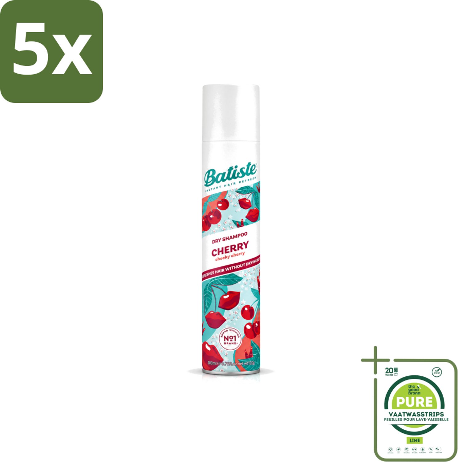 5 x Batiste - Cherry - Droogshampoo - Kersenbloesem Geur - Verfrist en Geeft Volume - 200ml - Grootverpakking - Vaatwasstrips - Droogshampoo - Kersengeur - Haar Opfrissen - Haar Frisheid - Haar Volume