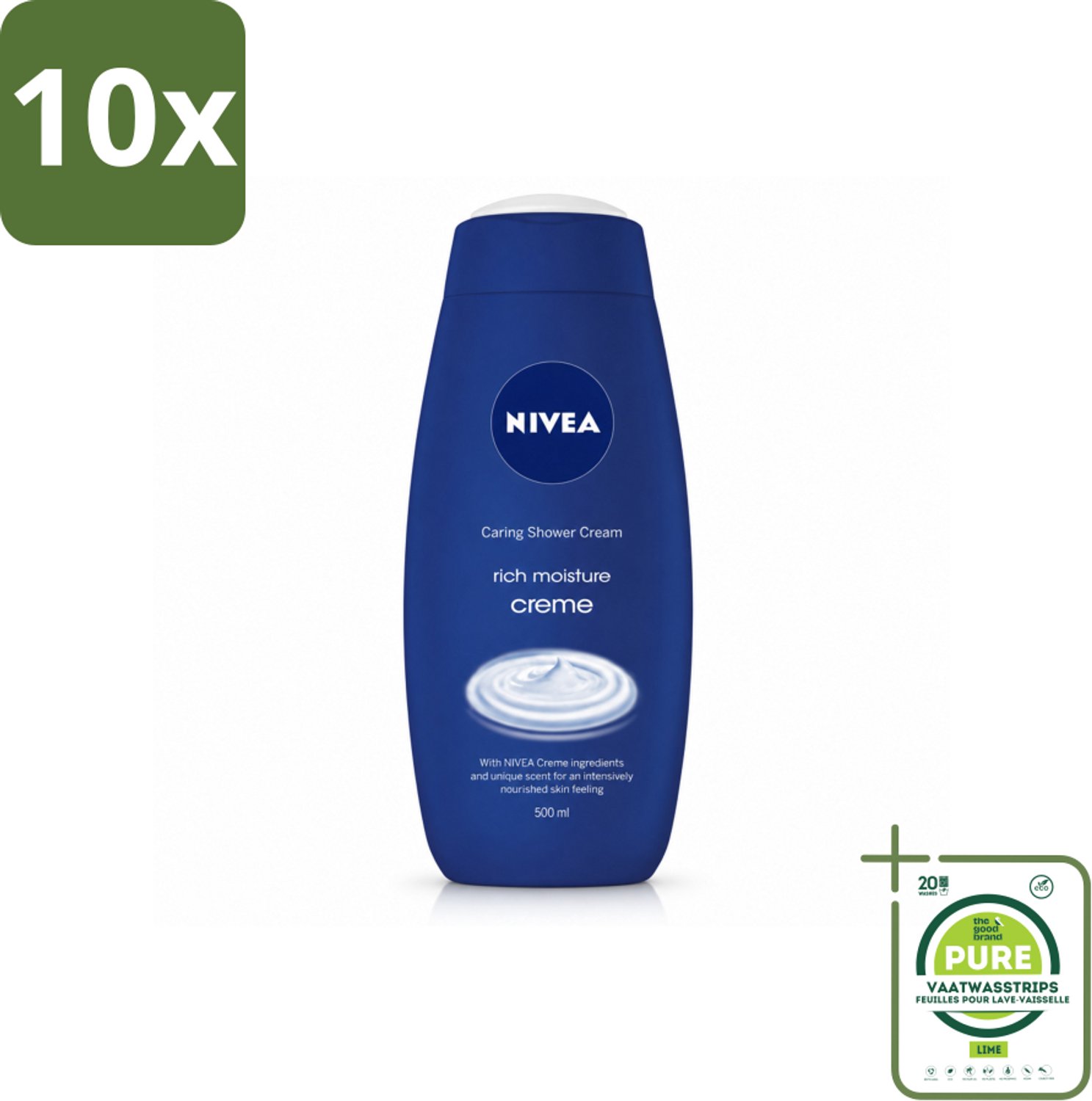 10 x NIVEA - Douchecrème - Rijke Hydratatie - Voedend Huidgevoel - 500 ml - Grootverpakking - Vaatwasstrips - Douchecrème - Voedende Douchecrème - Hydratatie - Huid Verzorging - NIVEA