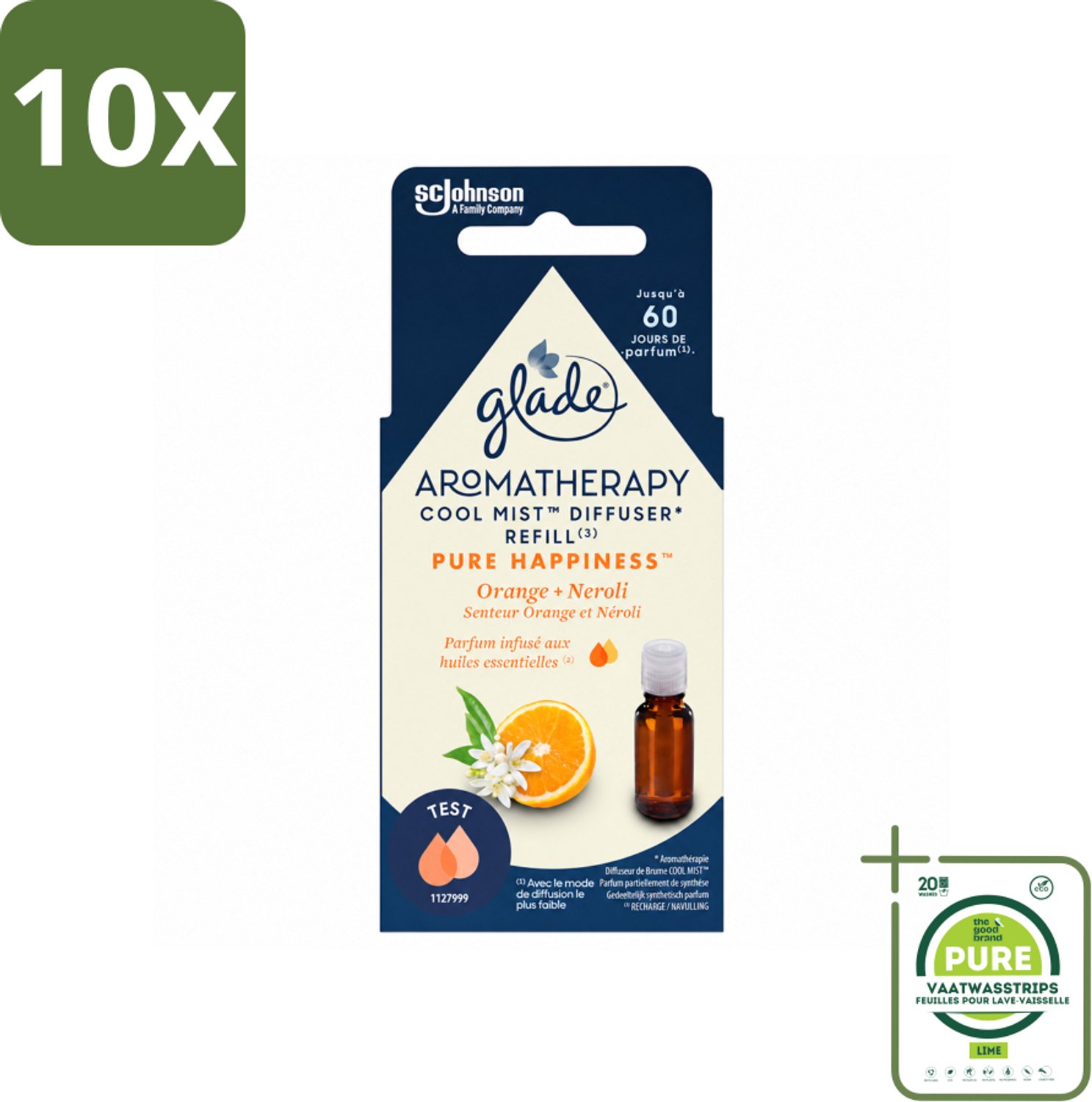 10 x Glade - Mistnavulling Pure Happiness - Aromatherapie - 17,4 ml - Grootverpakking - Vaatwasstrips - Aromatherapie - Geurverspreiding - Geurboost - Positieve Geur - Sinaasappelolie