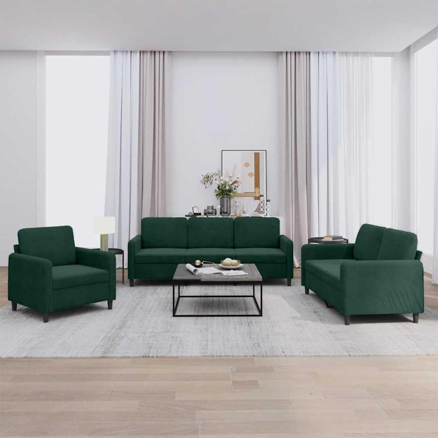 3-delige sofaset, donkergroen, fluweel, bankset met robuuste salontafel voor woonkamer, comfortabele zitgroep van zacht velours