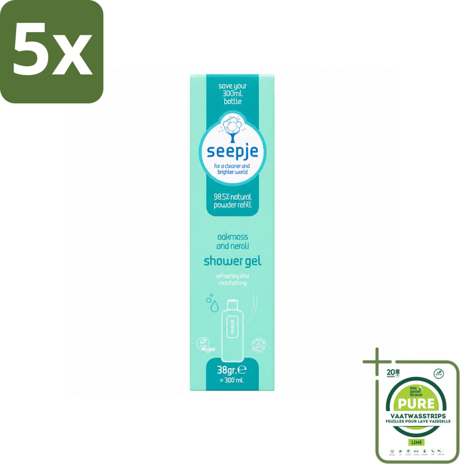 5 x Seepje - Douchegel - Duurzaam & Handig - Eikenmos en Neroli - Navulling - 38 gr - Grootverpakking - Vaatwasstrips - Douchegel Navulling - Eikenmos - Neroli - Natuurlijke Douchegel - Duurzame Douchegel