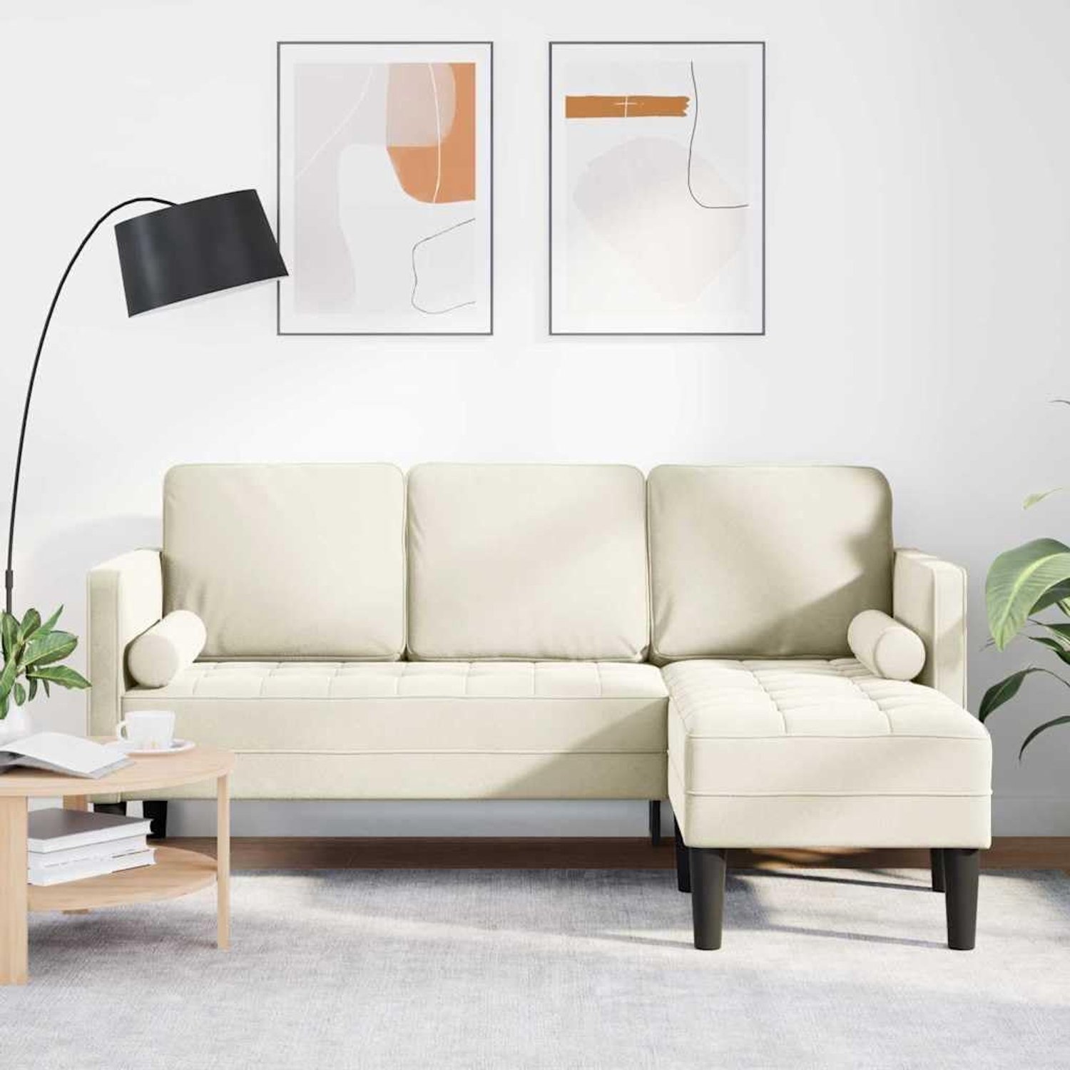 Meubel, 4-delig, met kussens in crème polyester, moderne hoekset met fluwelen bekleding en modulaire configuratie voor de woonkamer