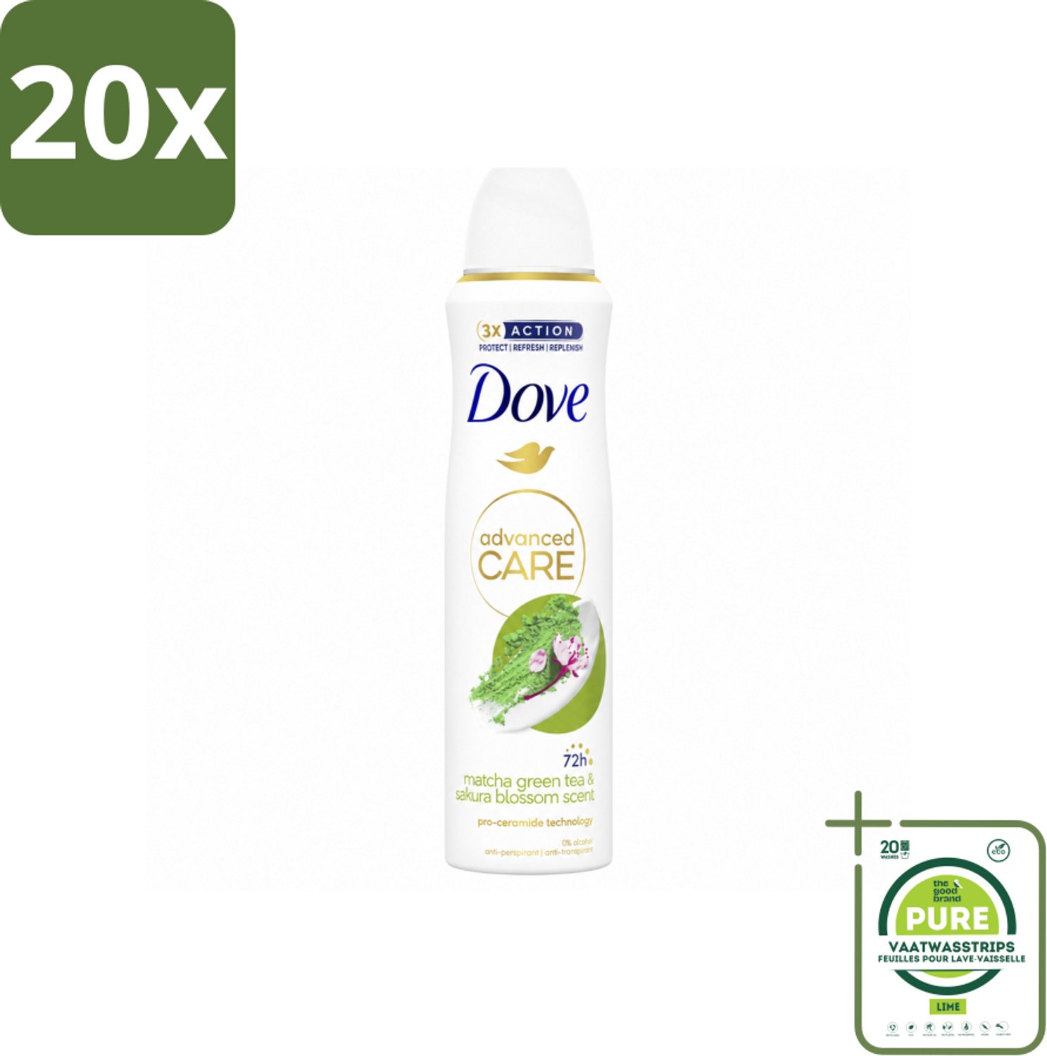 20 x Dove Deodorant Spray - Matcha & Sakura - 150 ml - Grootverpakking - Vaatwasstrips - Deodorant Spray - Matcha En Sakura - Anti-transpirant - Zweetvermindering - Frisheid