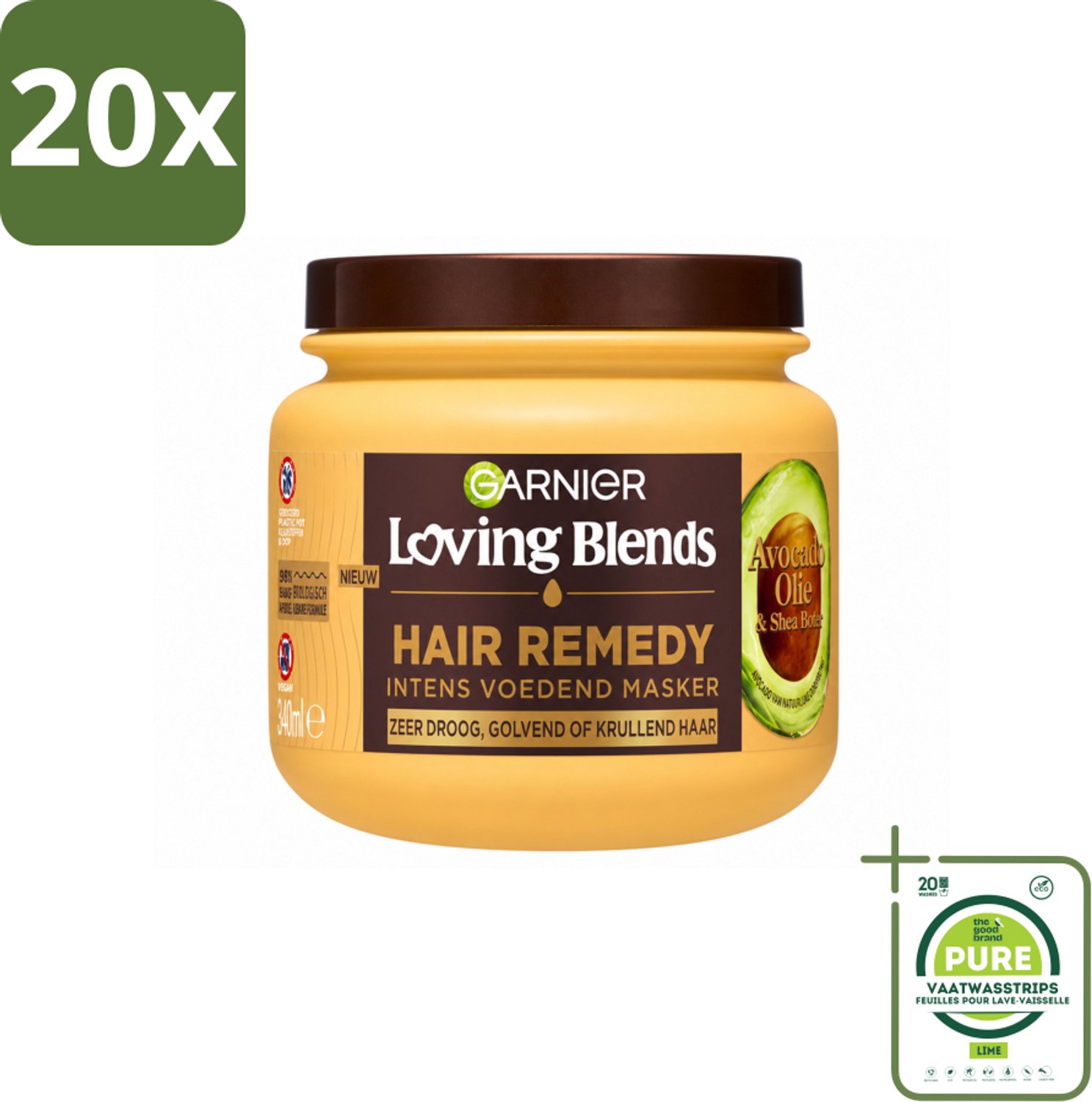 20 x Garnier - Loving Blends - Haarmasker - Avocado Olie & Shea Boter - Ultra Voedend - Golvend & Krullend Haar - 340 ml - Grootverpakking - Vaatwasstrips - Haarmasker - Avocado Olie - Shea Boter - Voedend Haar - Pluisvrij Haar