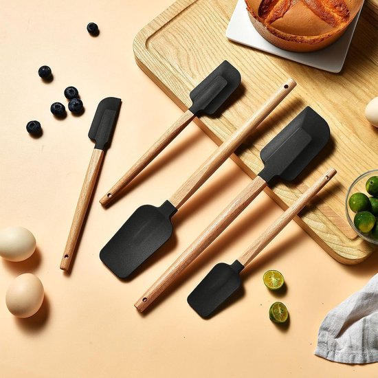 5 Piece Silicone Spatula Set with Wooden Handle, Heat Resistant 230°C, Non-Stick Dough Scraper for Baking Mixing Cooking Cake Dough Frying Kitchen Utensils (White) — afbeelding 2