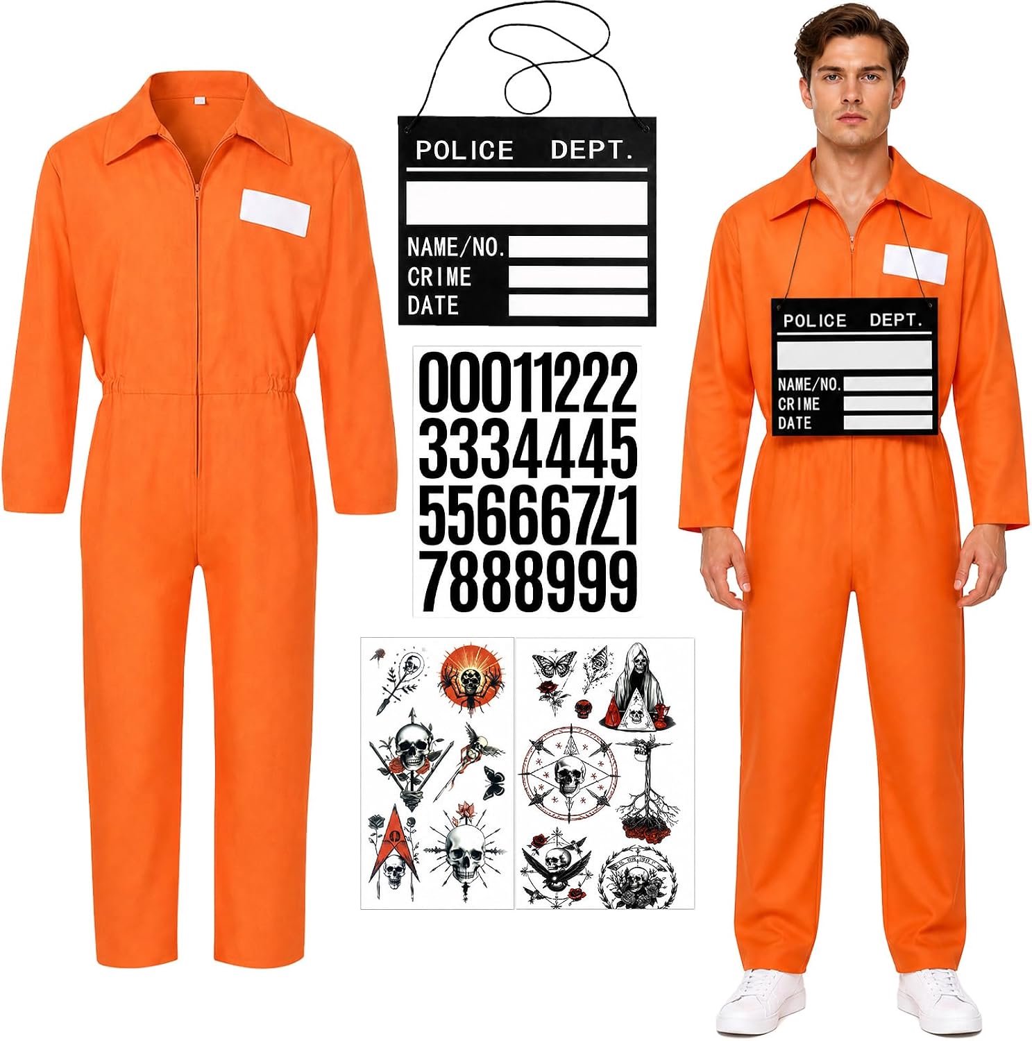 5-delige gevangenenkostuumset overall oranje met ID-kaart en tattoo-sticker voor Halloween