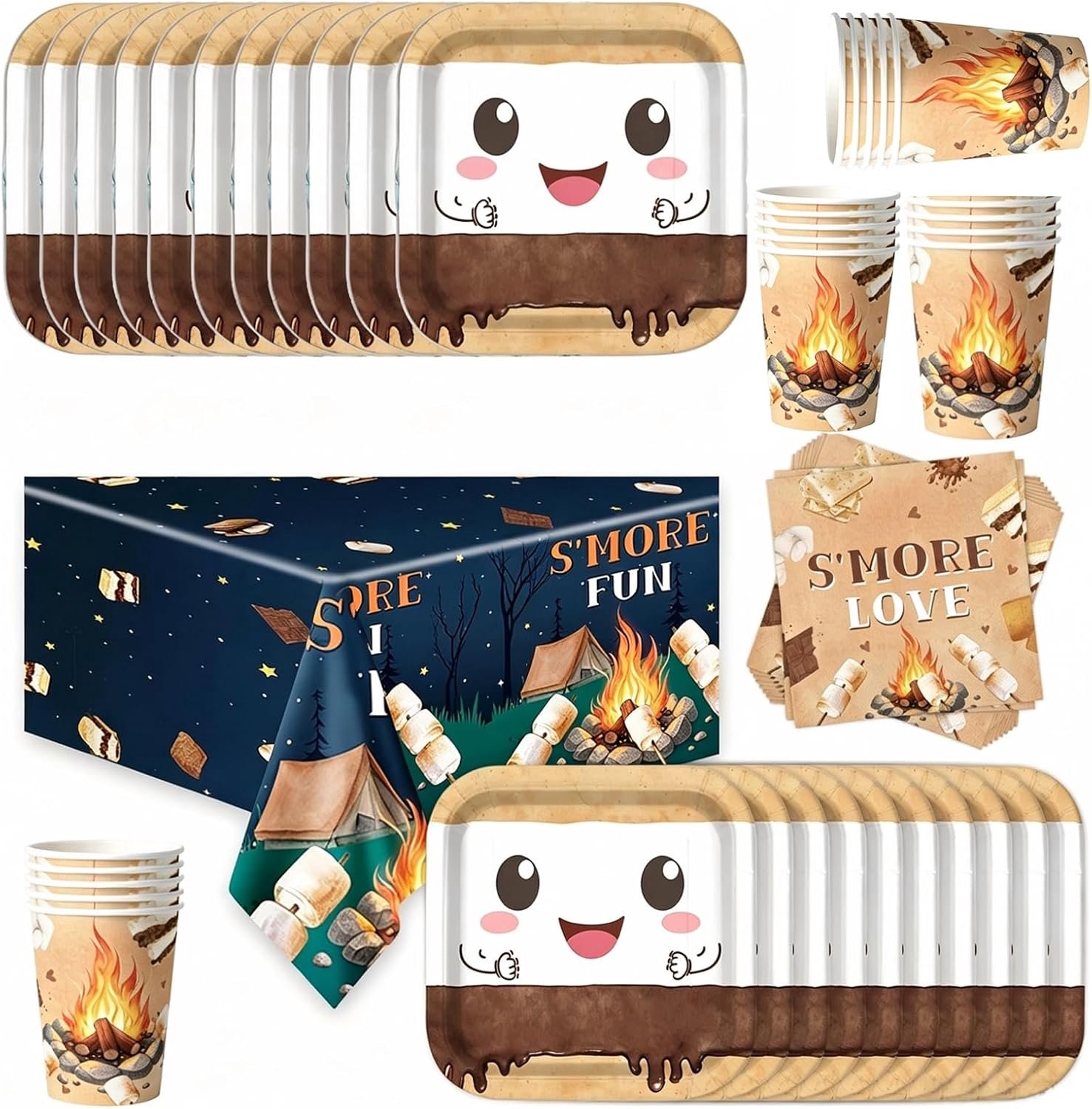 Feestservies‑set voor geroosterde marshmallows, inclusief borden, servetten, tafelkleed en bekers, perfect voor kinderfeesten en vieringen, voor 20 gasten