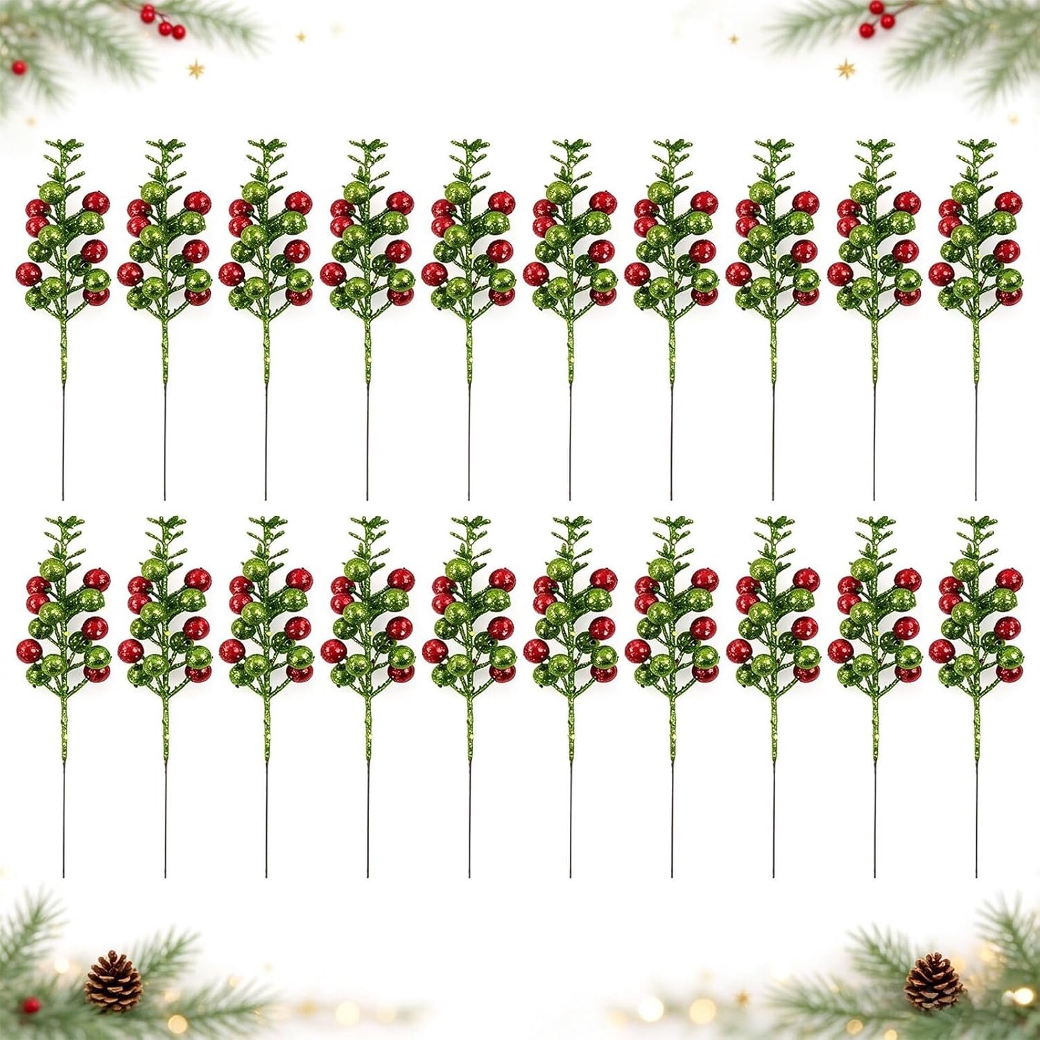 Kunstmatige bessentakken Kerstmis, 24 stuks rode groene decoratieve