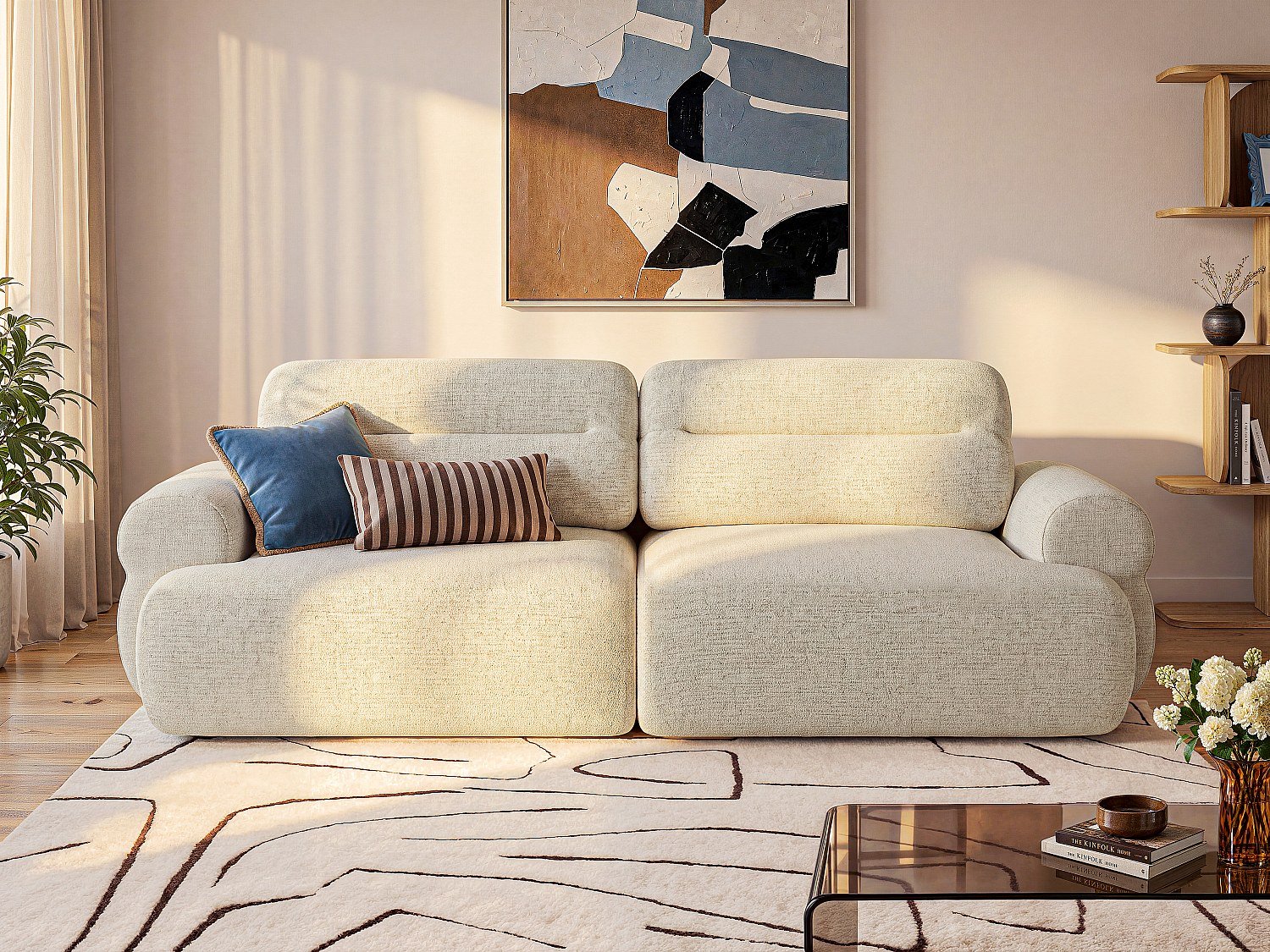 Vente-unique Vierzitsslaapbank in beige gemêleerde stof - CABOLIA