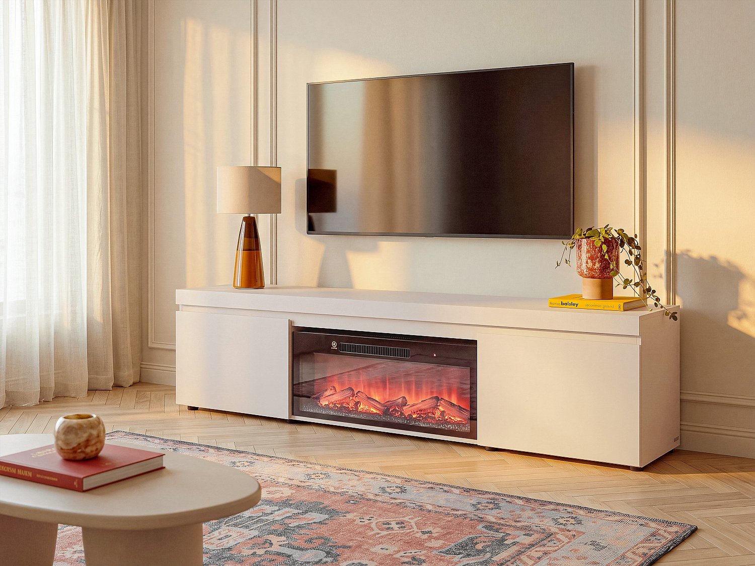 Vente-unique Tv-meubel met 2 deuren en geïntegreerde elektrische haard - Beige - ZORENO