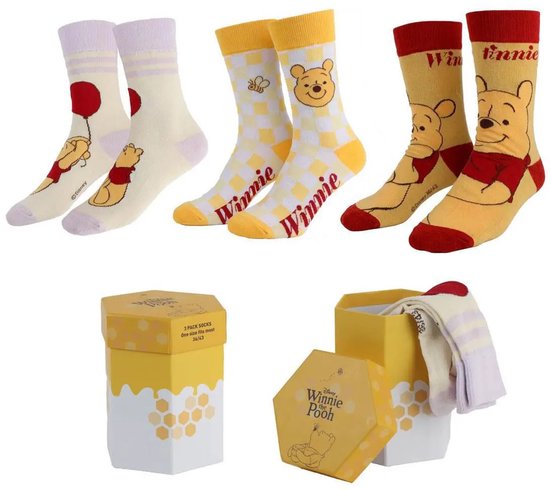 Set van drie paar Winnie de Poeh-sokken met bijpassende zeshoekige honingraat-cadeauverpakking.