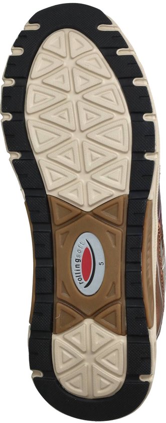 Buitenzool met beige geometrisch patroon, zwarte rand en 'rollingsoft' logo in het midden.