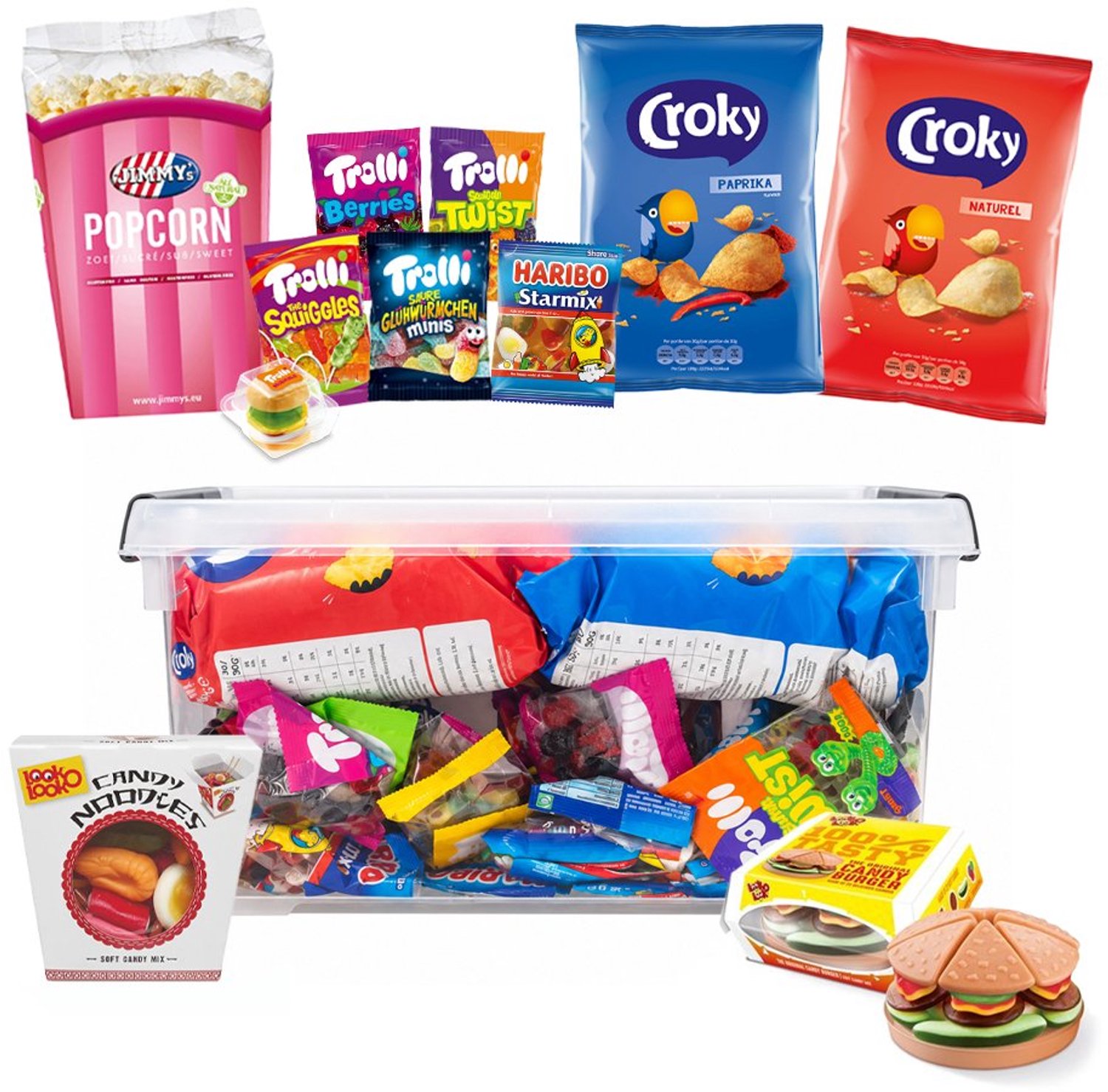 Mega Party Mix Box 2021g - Croky chips, Haribo, Trolli, Look-O-Look & popcorn - 53 snacks & snoepjes - XL snackbox