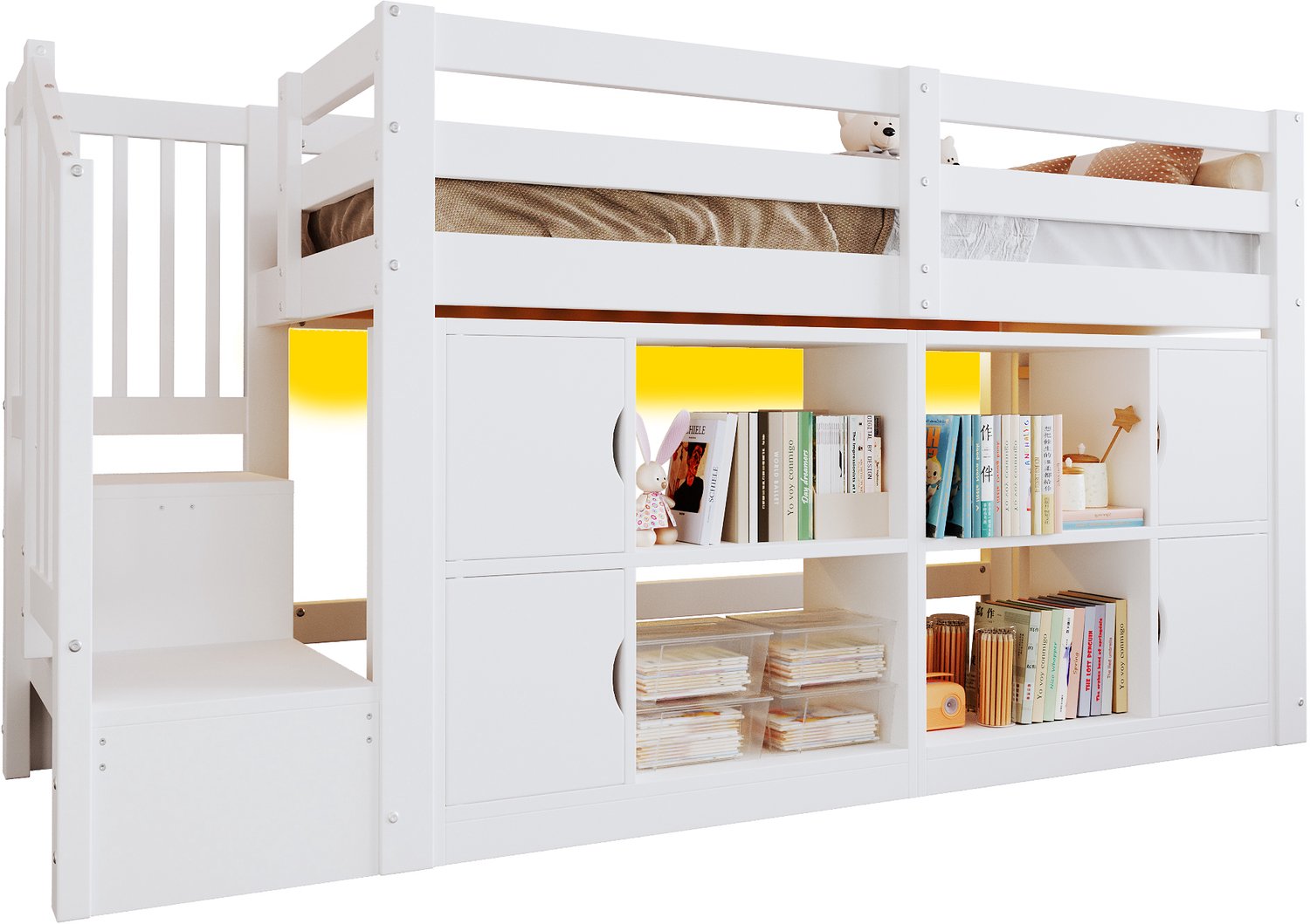 Merax Hoogslapend bed 90x200 cm - met opbergnisen - kasten - trap met opbergruimte en LED - wit
