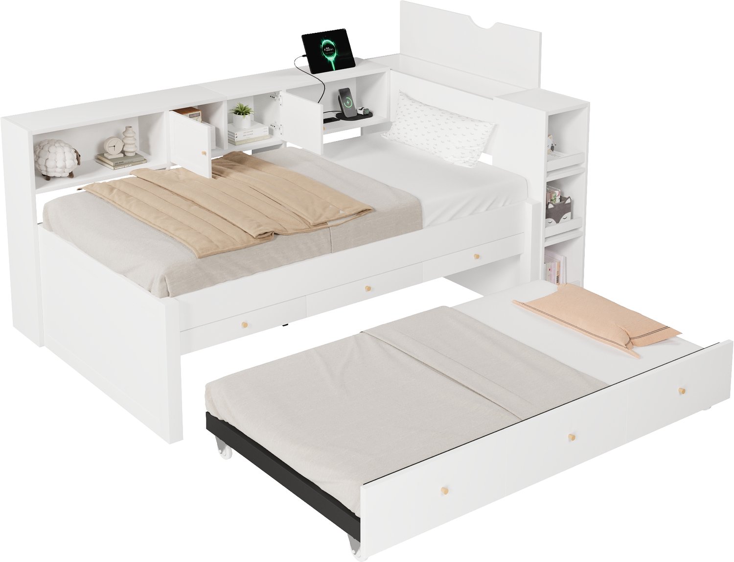 Merax Houten onderbed 90x200 cm - met USB-laadpoort - 3 lades - wit