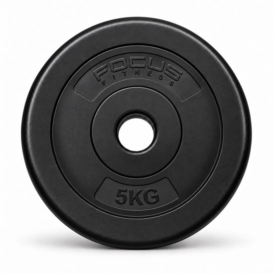 Zwarte Focus Fitness halterschijf van 5 kg met kunststof afwerking en centraal gat.