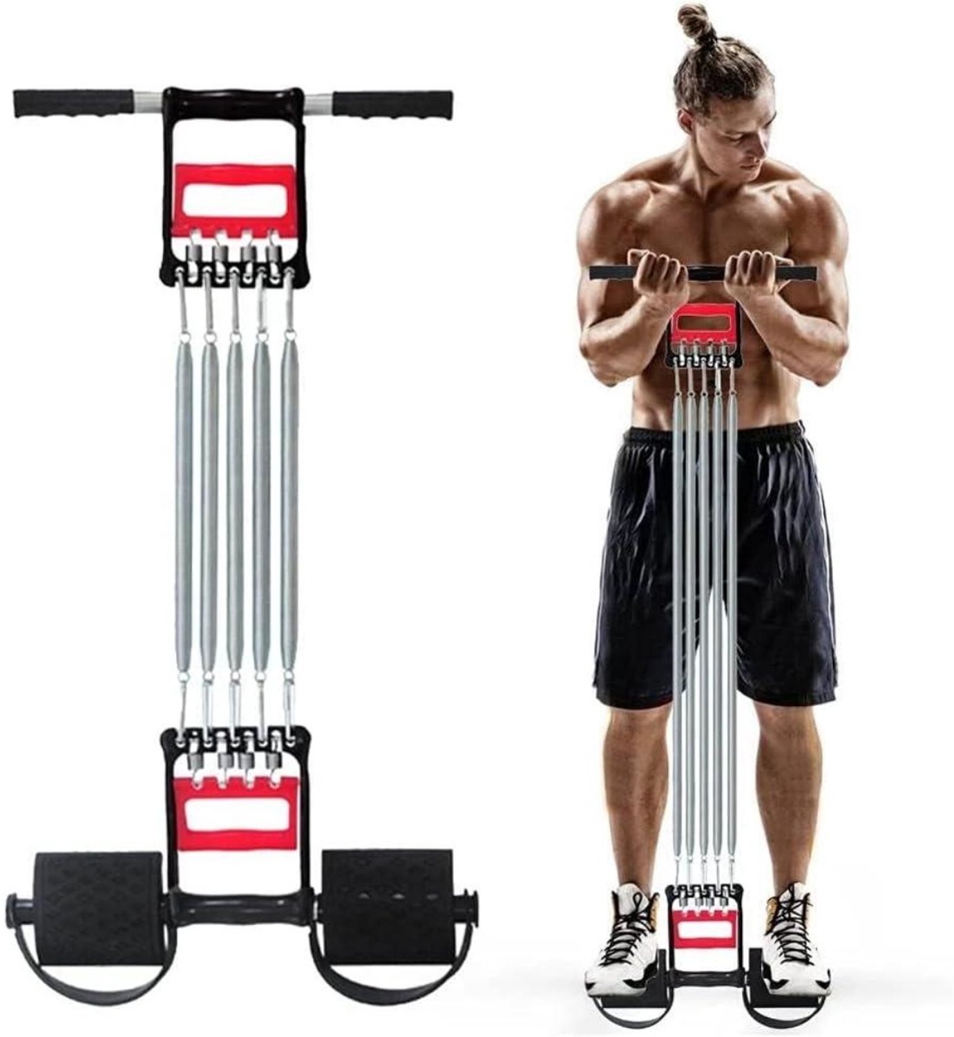 SSTRWGOOD Multifunctioneel 3-in-1 fitnessapparaat – Buikspiertrainer + Handknijper + Borstexpander met 5 veren – Geschikt voor borst-, hand- en armtraining – Spieropbouw – Fitnessapparatuur voor thuis – Krachttraining thuis – Zwart & Rood