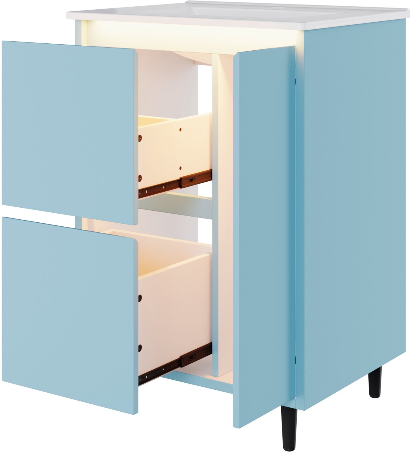 Wastafelmeubel 61 x 46,5 x 87 cm - Vrijstaand Badkamermeubel Met Keramische Wastafel, 2 Laden En Kastdeur - Blauw - Op Hoge Poten