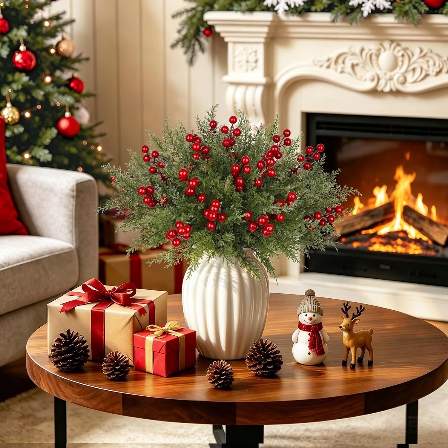 Kunst Kersttakken met Rode Bessen - 6 Stuks Groene Dennentakken met Flexibele Stelen - Voor Kerstboom, Kerstkrans, Schoorsteenmantel en Tafeldecoratie – foto 4