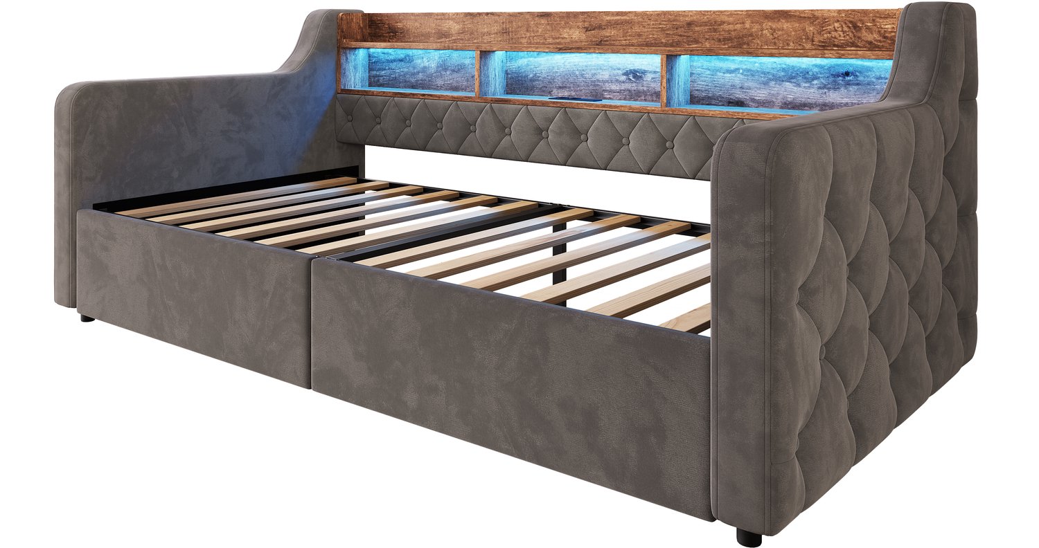 MUVANO Gestoffeerd eenpersoonsbed 90x190 cm - Donkergrijs fluwelen bed met ledverlichting - Bed met twee opbergladen - Hoofdbord met USB en USB-C - 200x107x80 cm