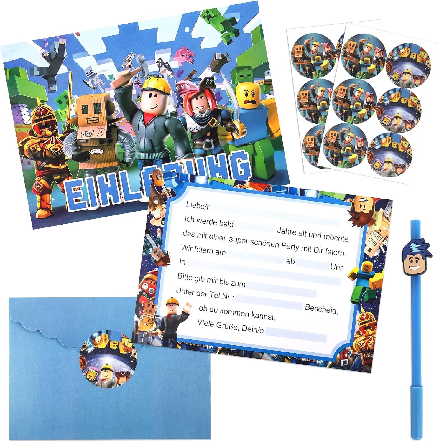 12x kinderfeestuitnodigingen, jongen/meisje, met enveloppen, stickers en stift
