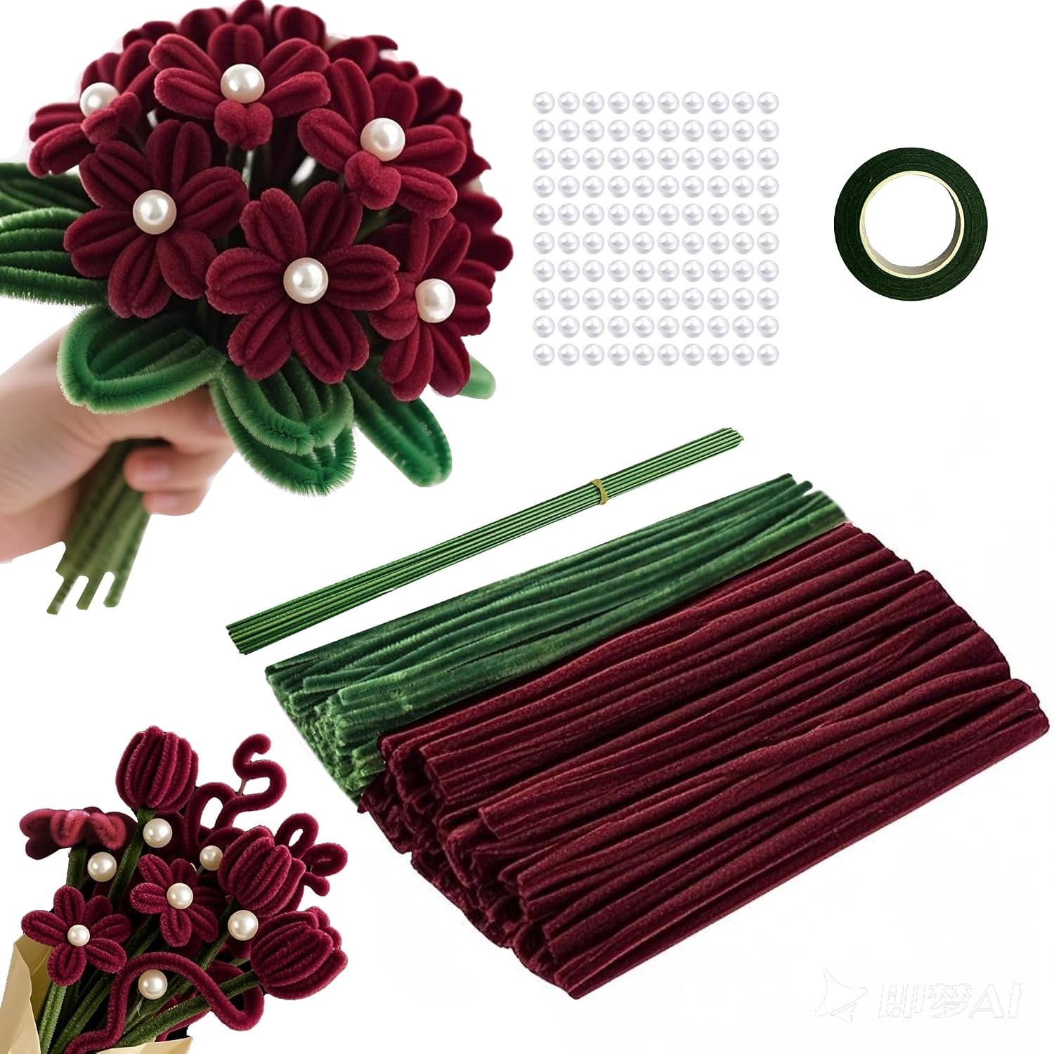 220 Stuks pijpenreinigers voor knutselen, 2 kleuren pijpenreinigers, bloemen, met draad, kralen voor bloemstukken, pluizige draad, knutselprojecten, rozenstralen