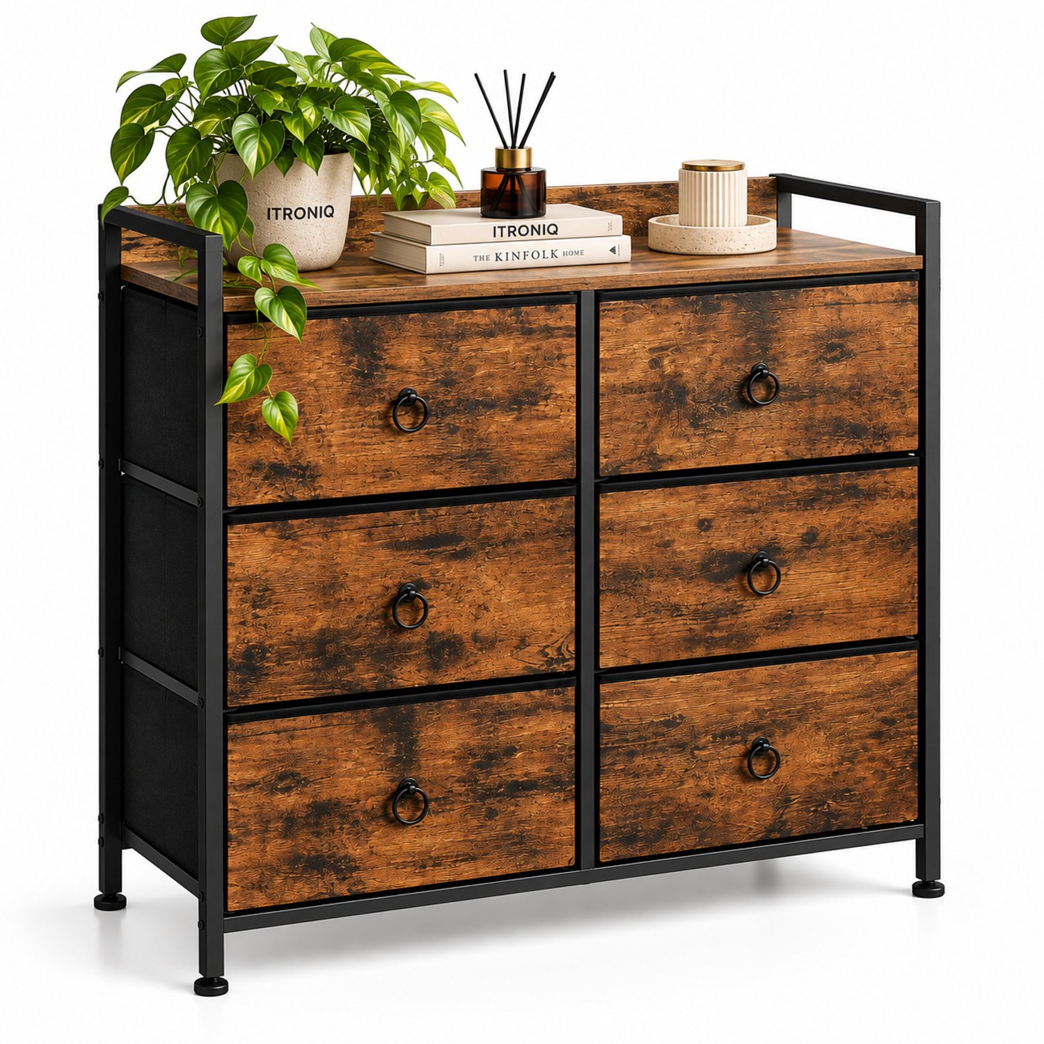 ITRONIQ Ladekast 6 Laden - Opbergkast Slaapkamer Woonkamer - Industrieel Vintage Bruin Zwart - Compact Dressoir Kast 80x27x78